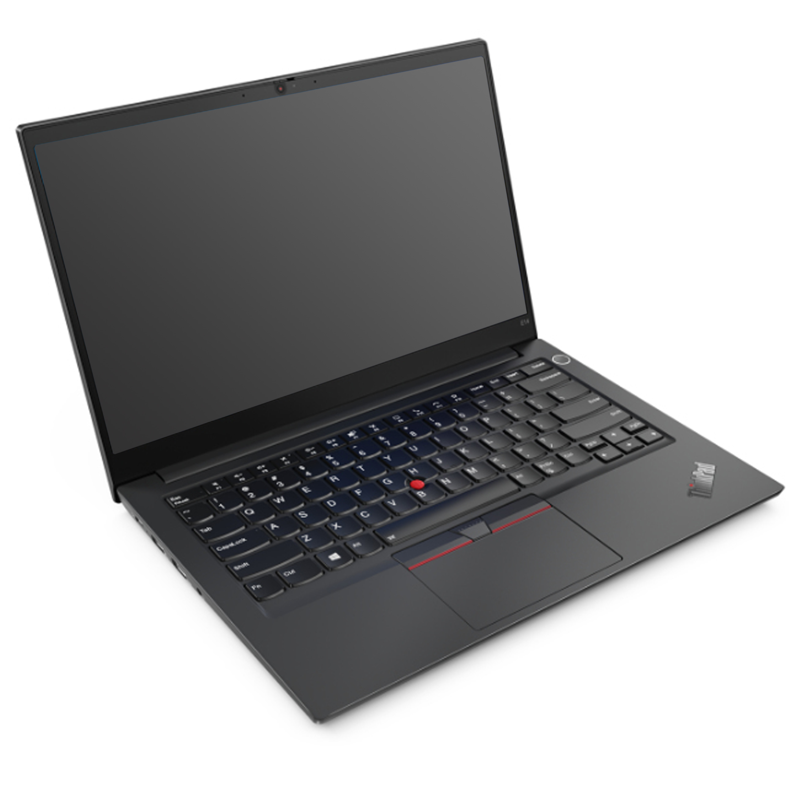 Ein schwarzer ThinkPad-Laptop mit schwarzem Bildschirm steht auf weißem Hintergrund.