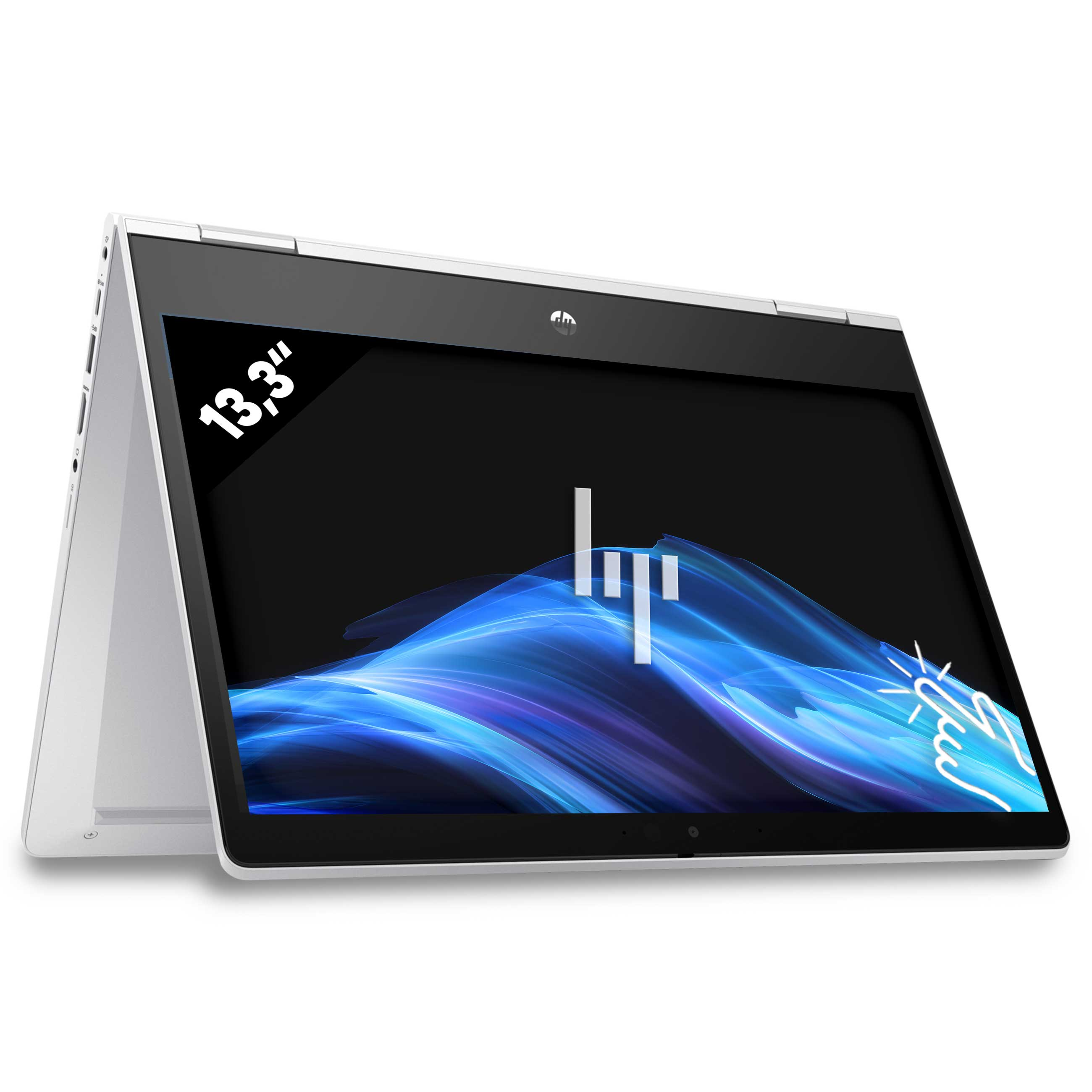 Ein weißer 13,3-Zoll-HP-Laptop steht im Zeltmodus auf weißem Hintergrund mit blauem abstrakten Bildschirm.