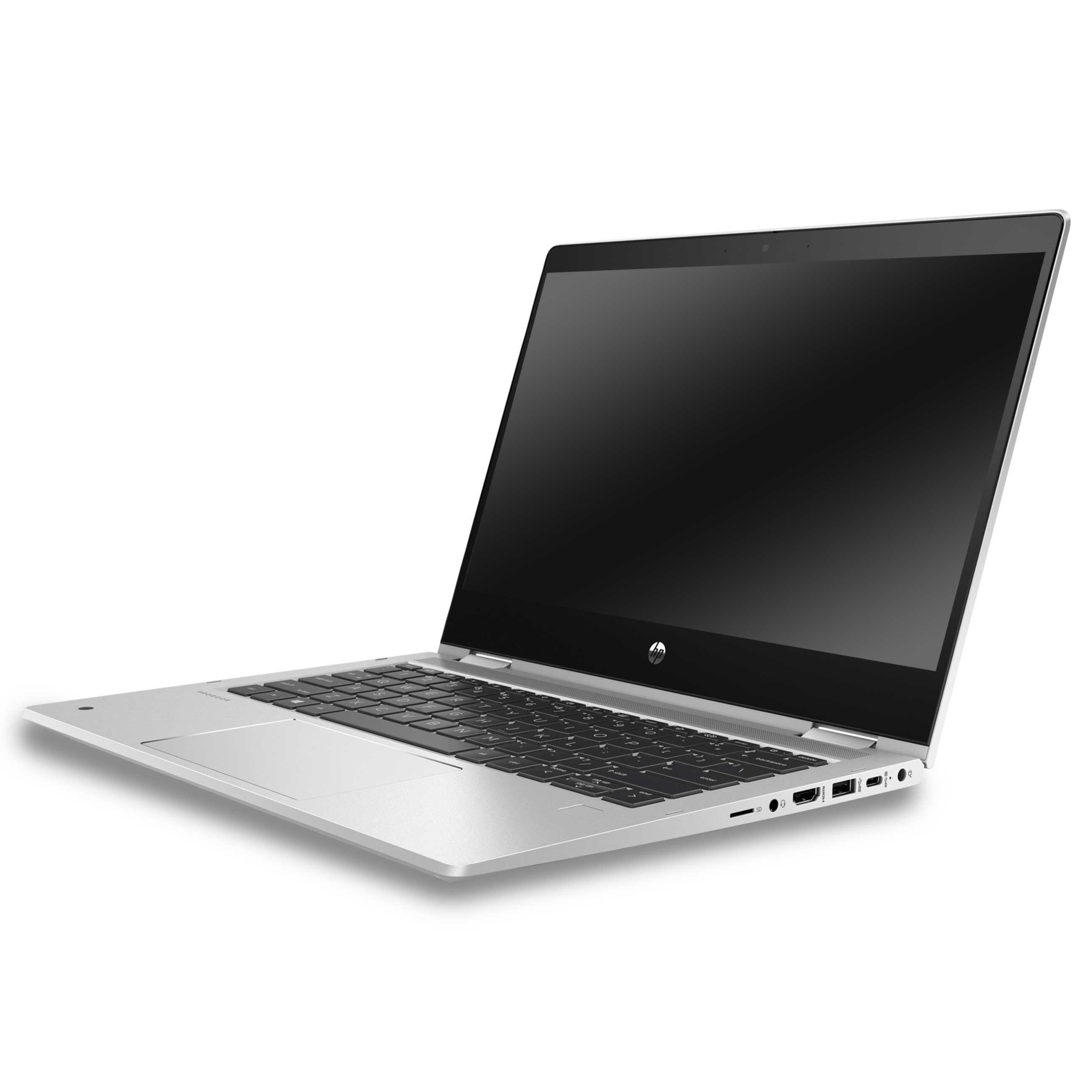 Ein silberner HP-Laptop offen auf weißem Hintergrund, aus Dreiviertelperspektive.