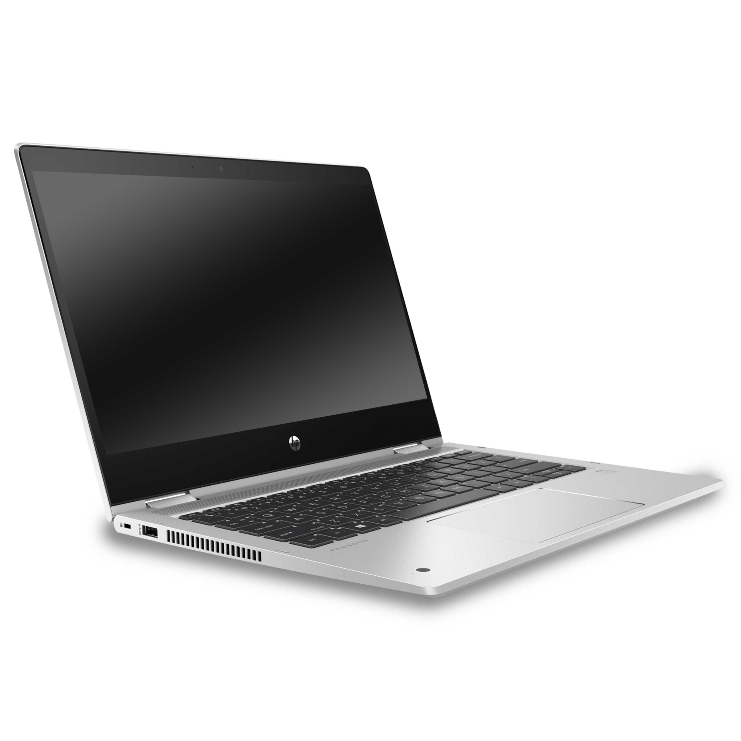 Silberner Laptop im Querformat mit schwarzem Bildschirm und Tastatur vor weißem Hintergrund.
