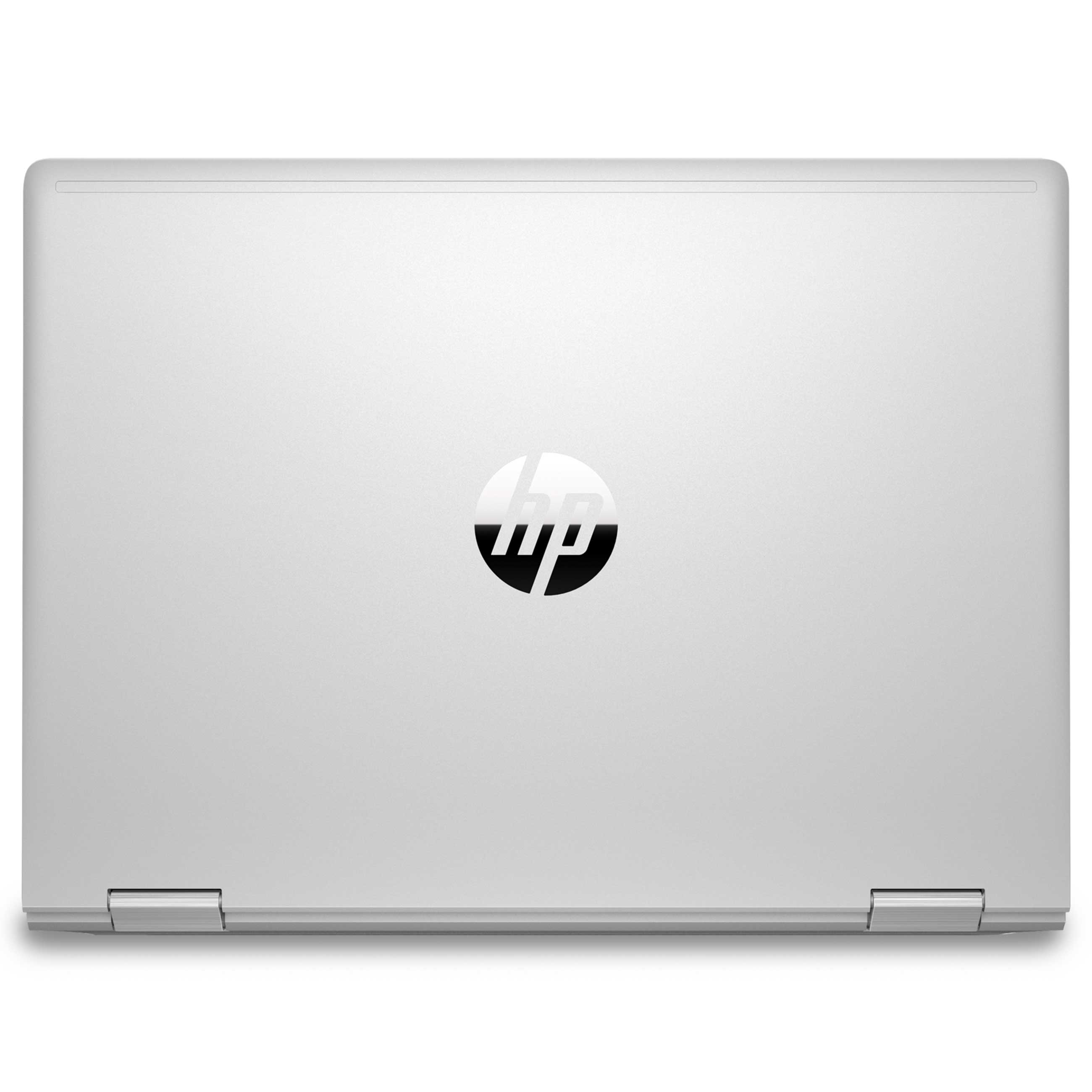 Die geschlossene silberne Rückseite eines Laptops mit einem runden HP-Logo in der Mitte.