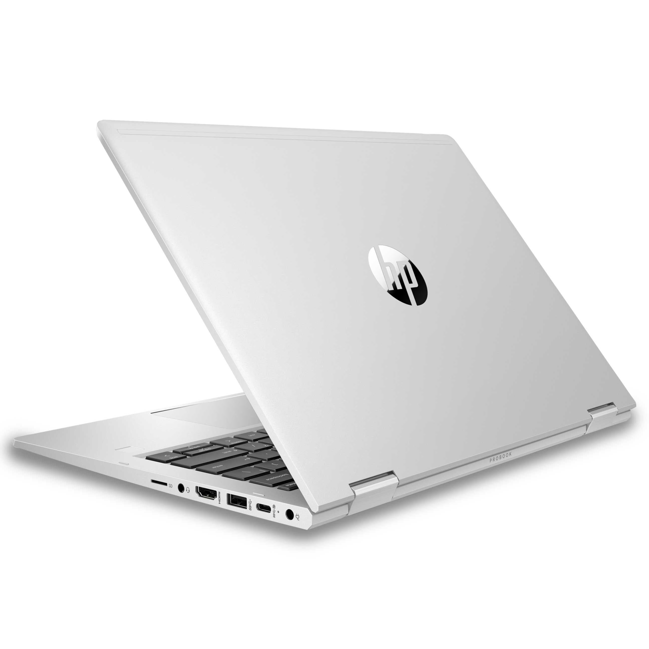 Ein silberner HP ProBook Laptop steht auf weißem Hintergrund, die Ports an der Seite und das Logo sind sichtbar.