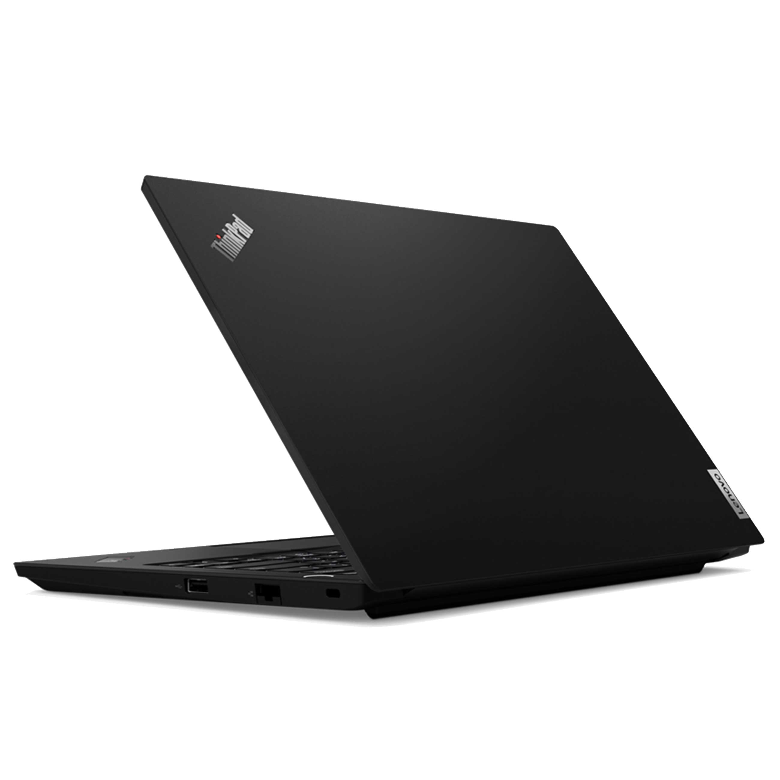 Ein geschlossener schwarzer Lenovo ThinkPad Laptop auf einer weißen Oberfläche, seitlich gesehen mit sichtbaren Anschlüssen.