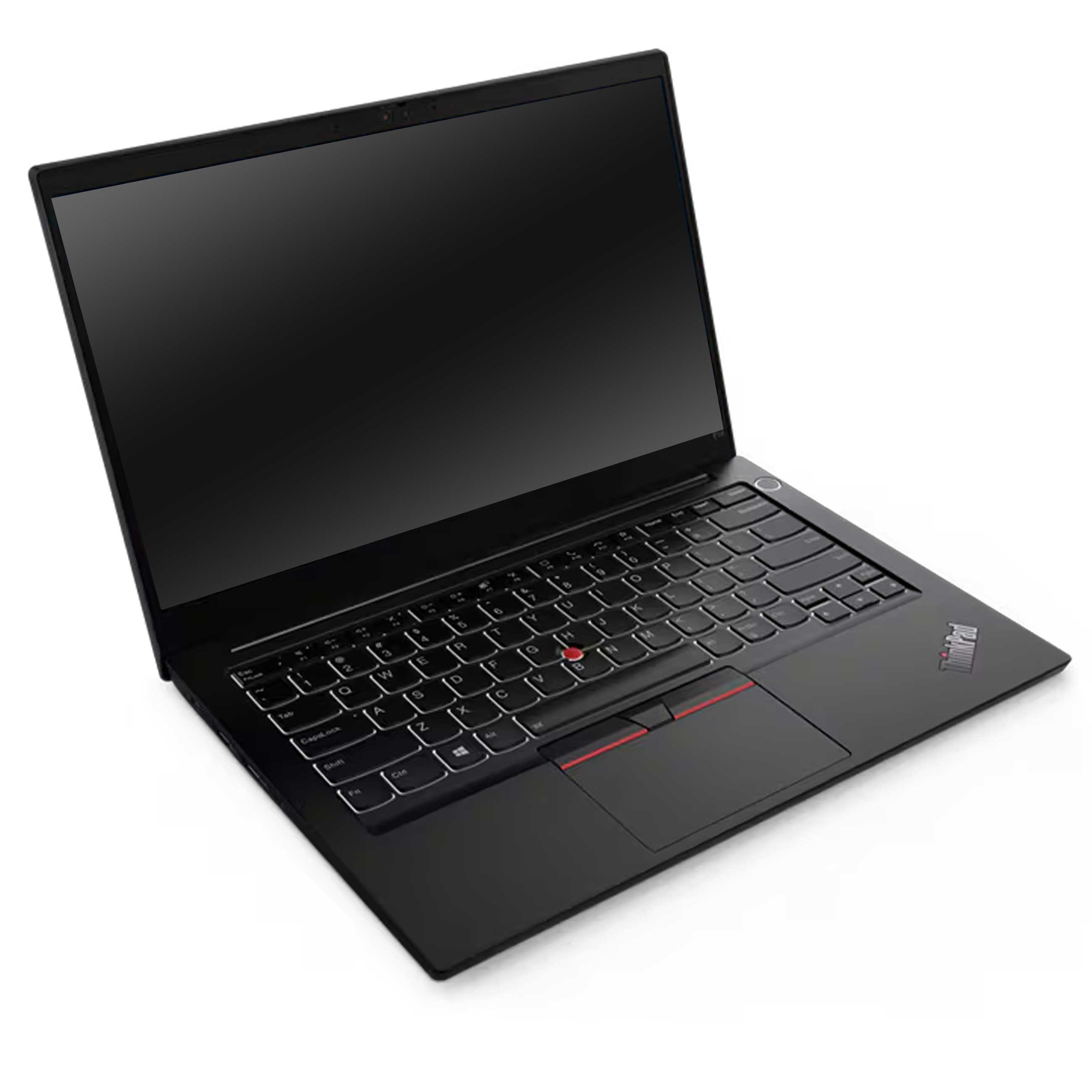 Ein schwarzer Laptop auf weißem Hintergrund mit beleuchteter Tastatur und rotem TrackPoint.