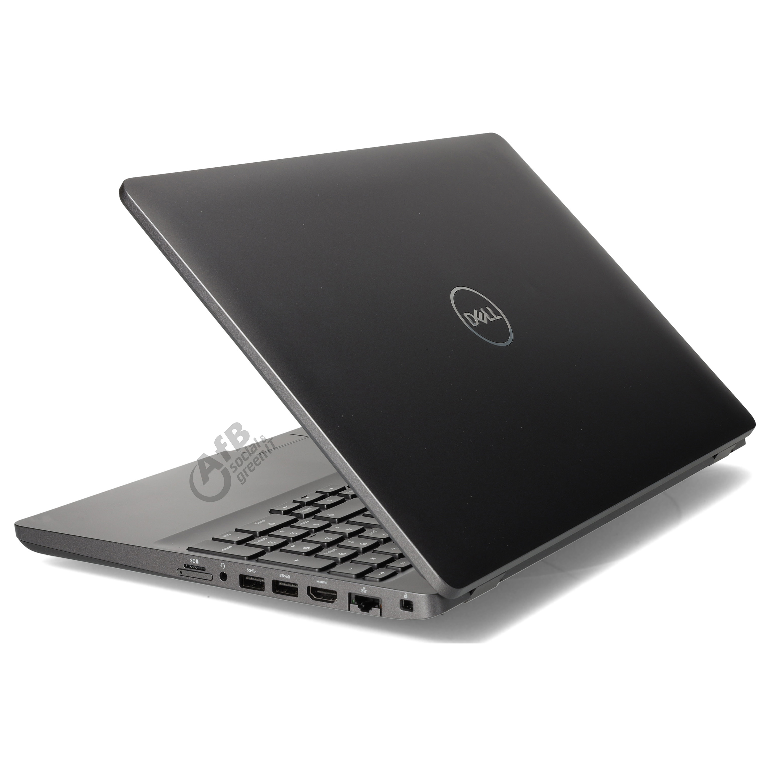 Ein geschlossener schwarzer Dell-Laptop steht auf einer weißen Oberfläche mit sichtbaren Anschlüssen an der Seite.