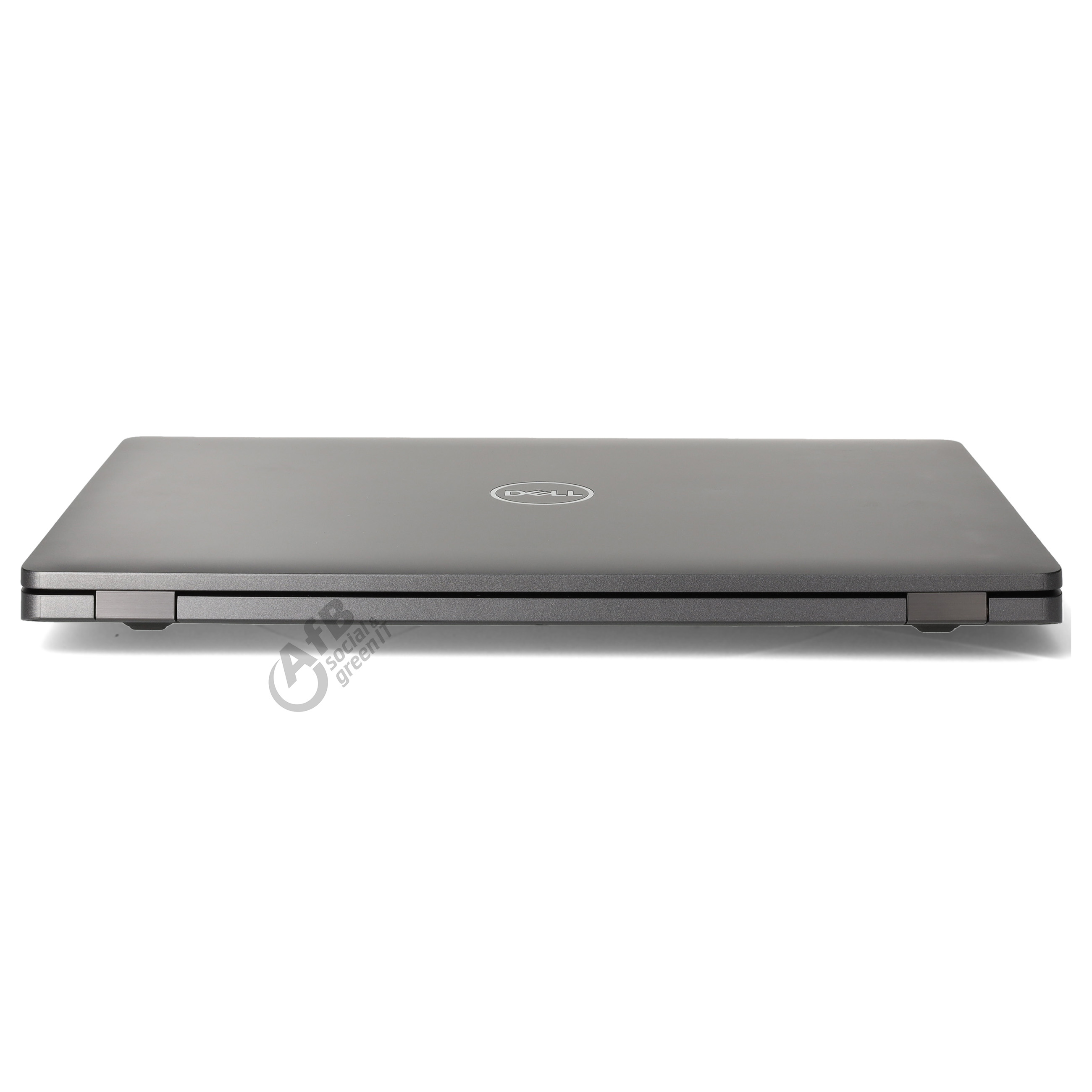Ein geschlossener, grauer Dell-Laptop mit Firmenlogo auf dem Deckel, vor weißem Hintergrund.