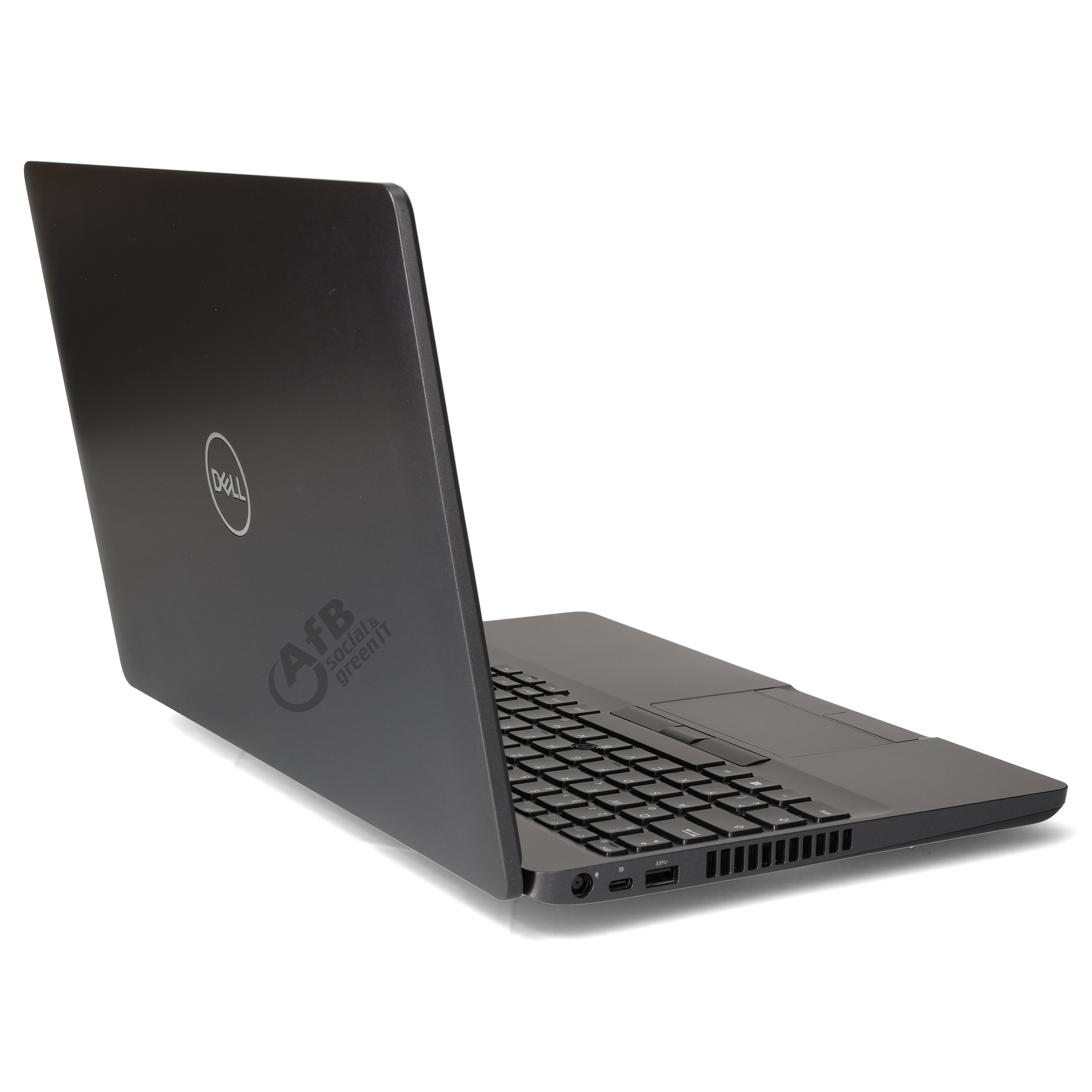 Ein schwarzer Dell-Laptop steht offen auf weißem Hintergrund, mit dem Dell-Logo und einem Aufkleber auf der Rückseite.