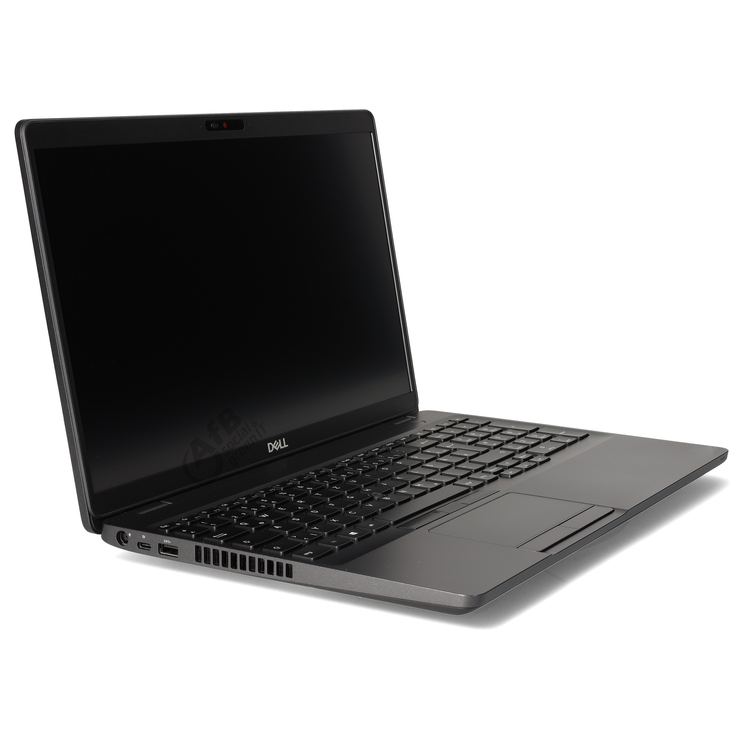 Ein offener, schwarzer Dell Laptop steht auf einer weißen Oberfläche.