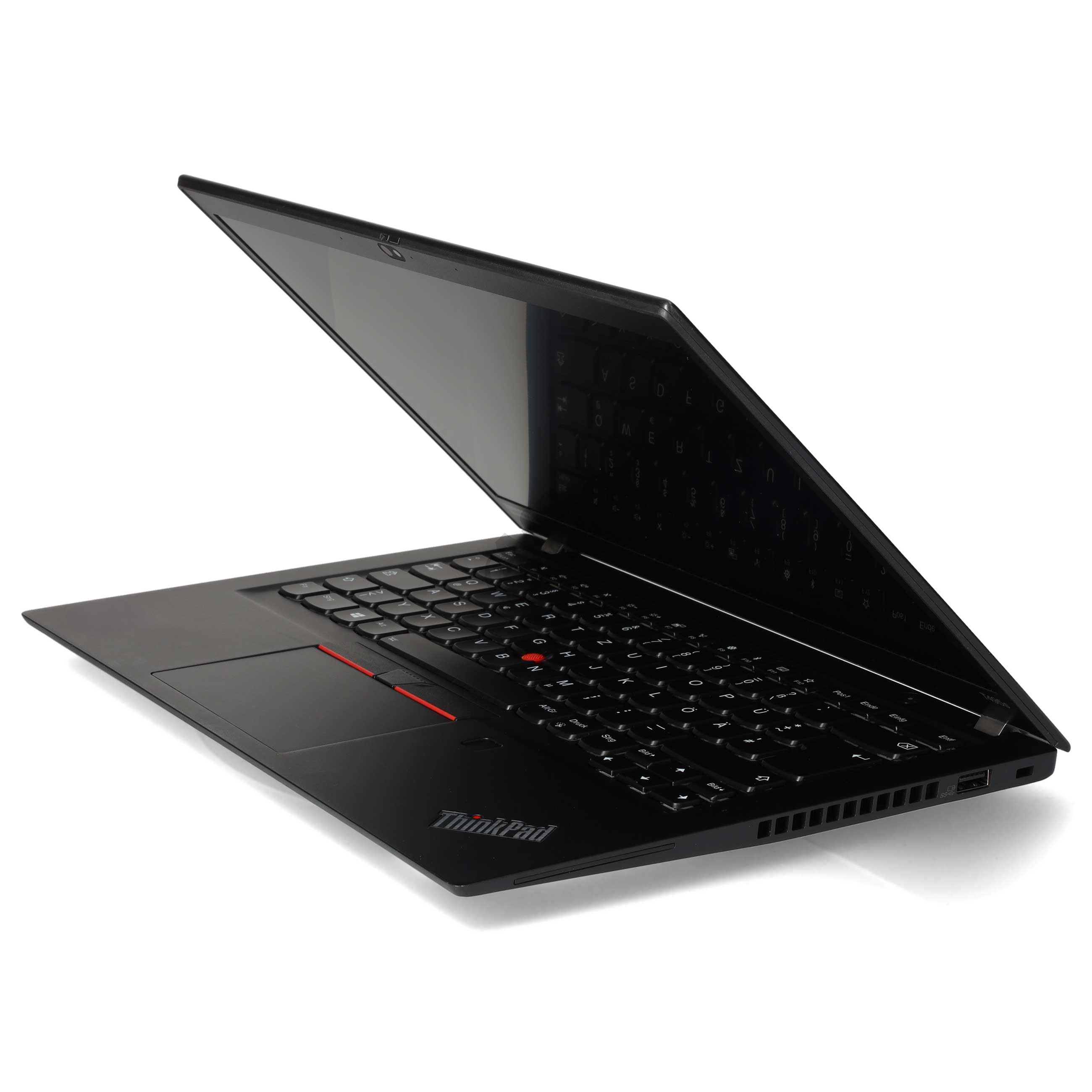 Ein schwarzer Lenovo ThinkPad Laptop ist auf weißem Hintergrund leicht geöffnet dargestellt.