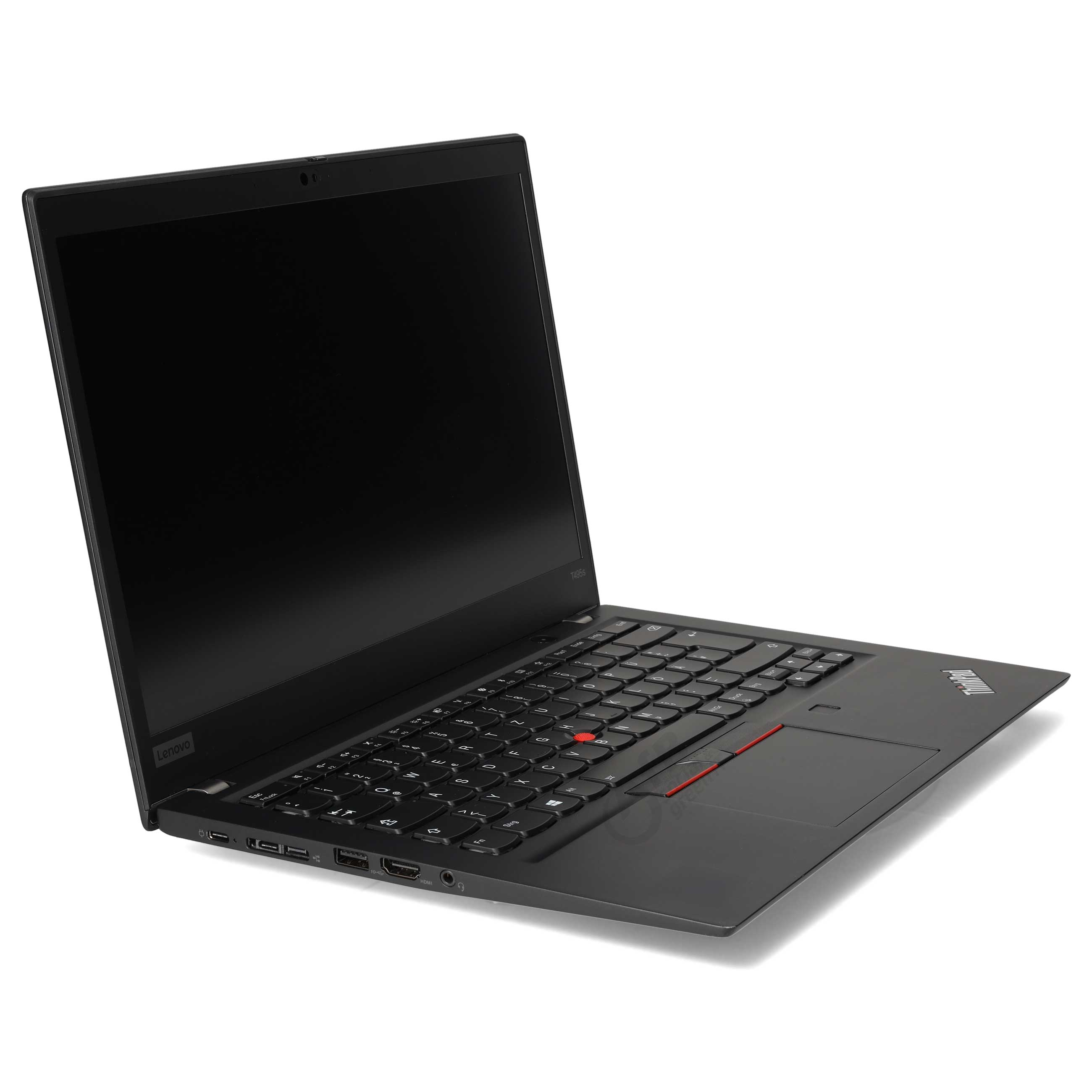 Ein offener schwarzer Lenovo ThinkPad Laptop auf weißem Hintergrund mit Blick auf Tastatur und Bildschirm.
