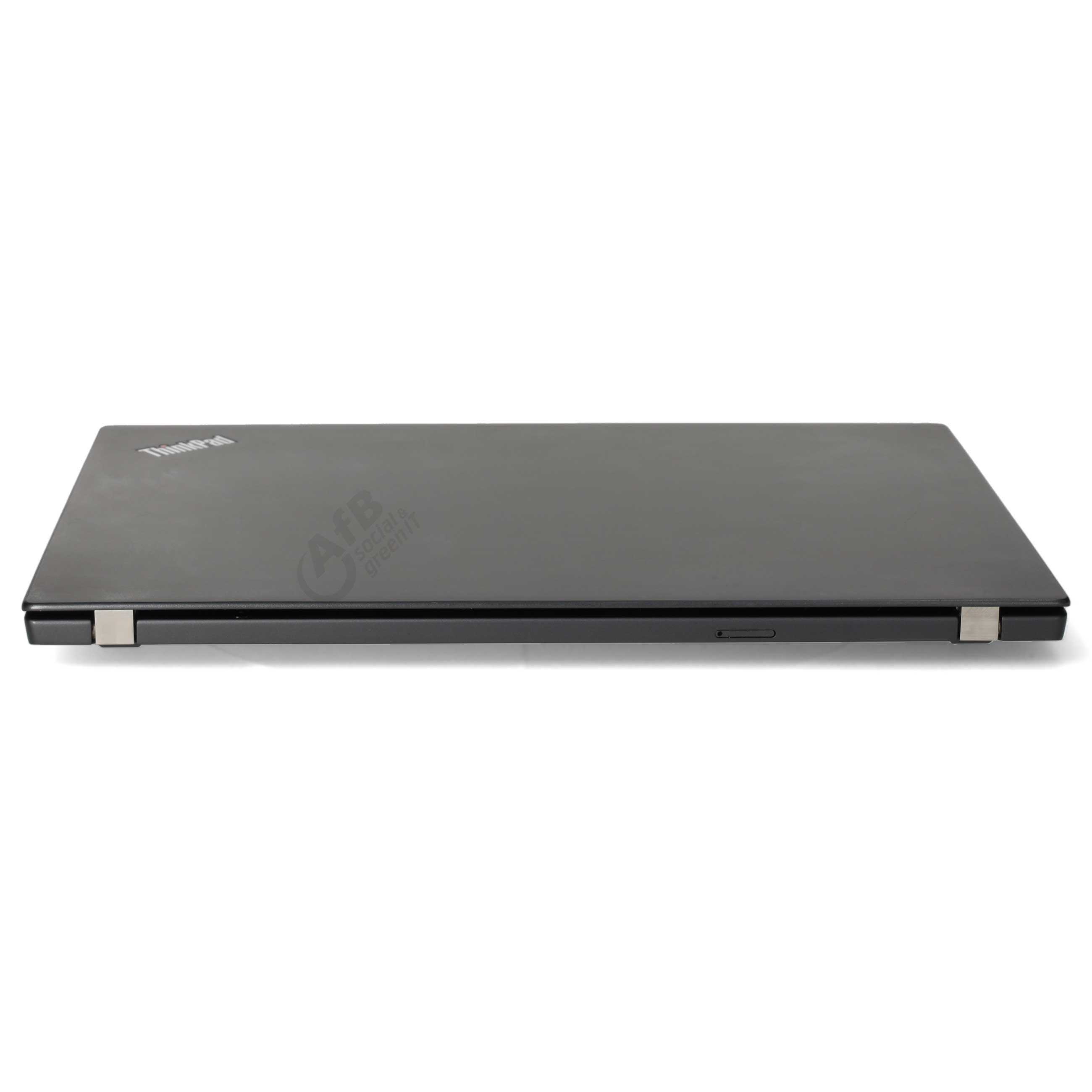 Geschlossener schwarzer Laptop mit ThinkPad-Logo auf weißem Hintergrund.