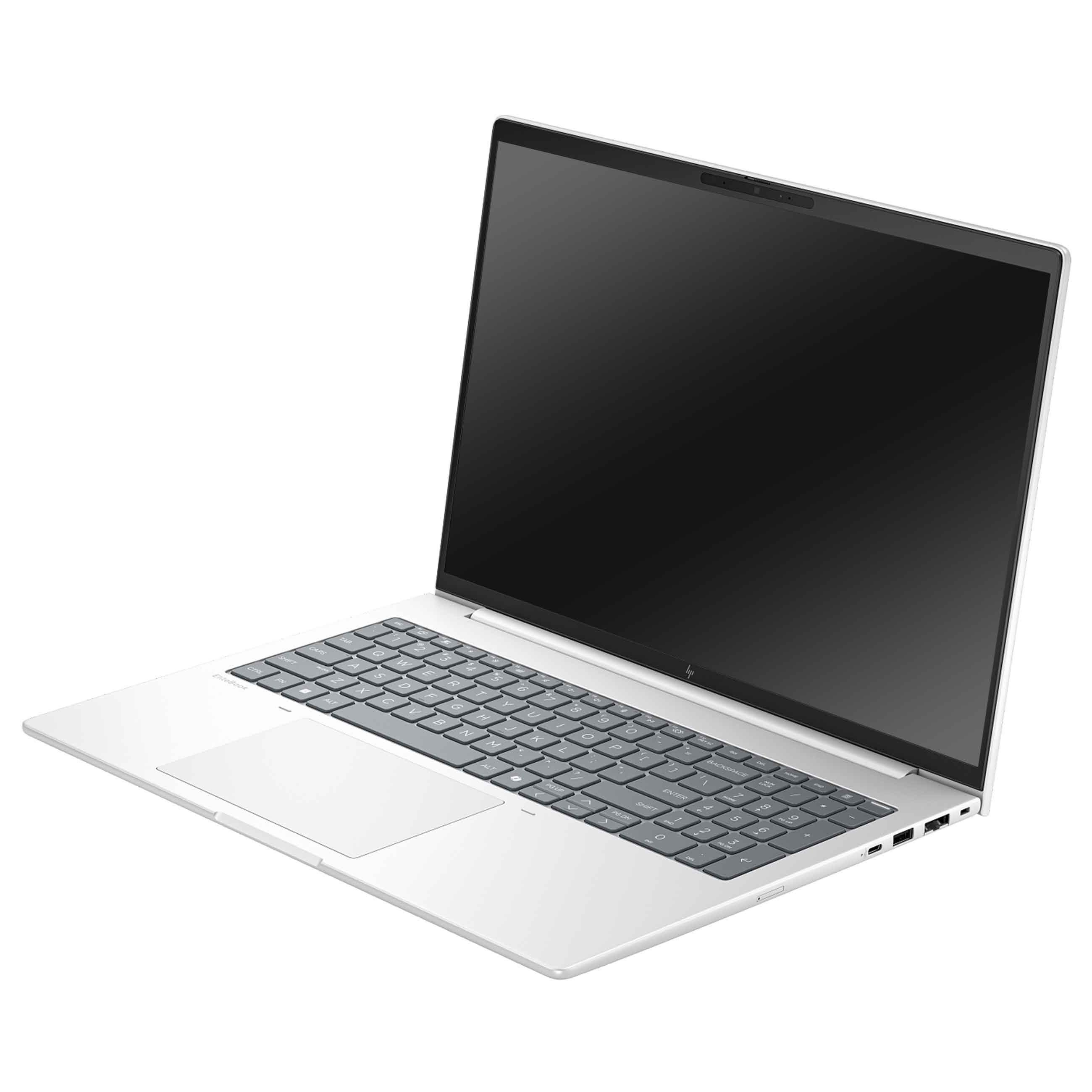 Ein silberner Laptop mit schwarzer Tastatur und Bildschirm steht auf einer weißen Oberfläche.