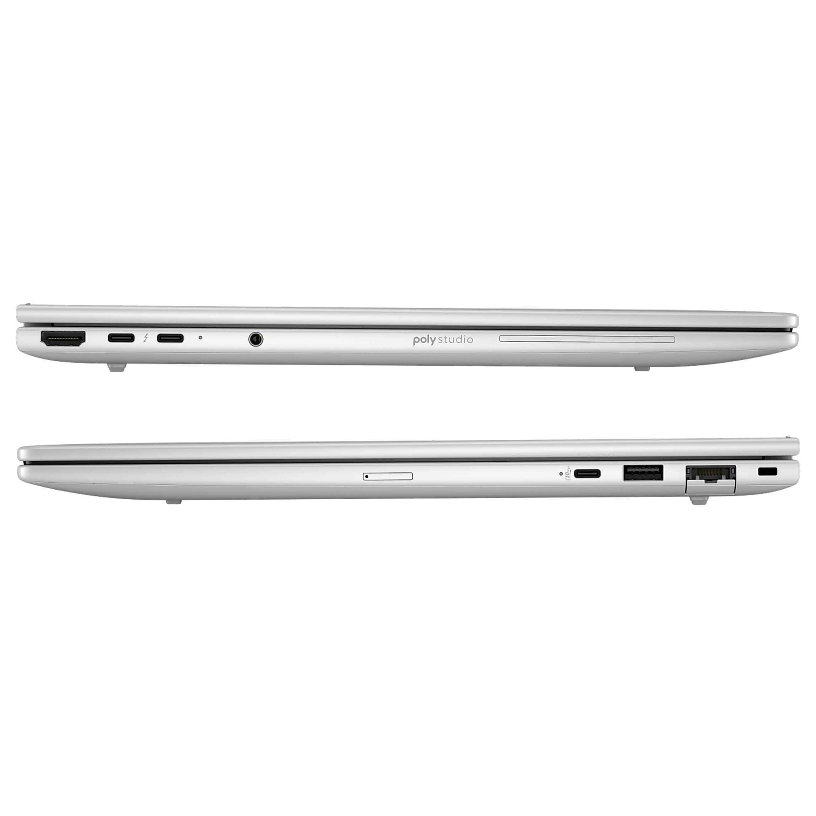 Seitenansicht eines silbernen Laptops mit Anschlüssen, Poly Studio-Schriftzug und weißem Hintergrund.