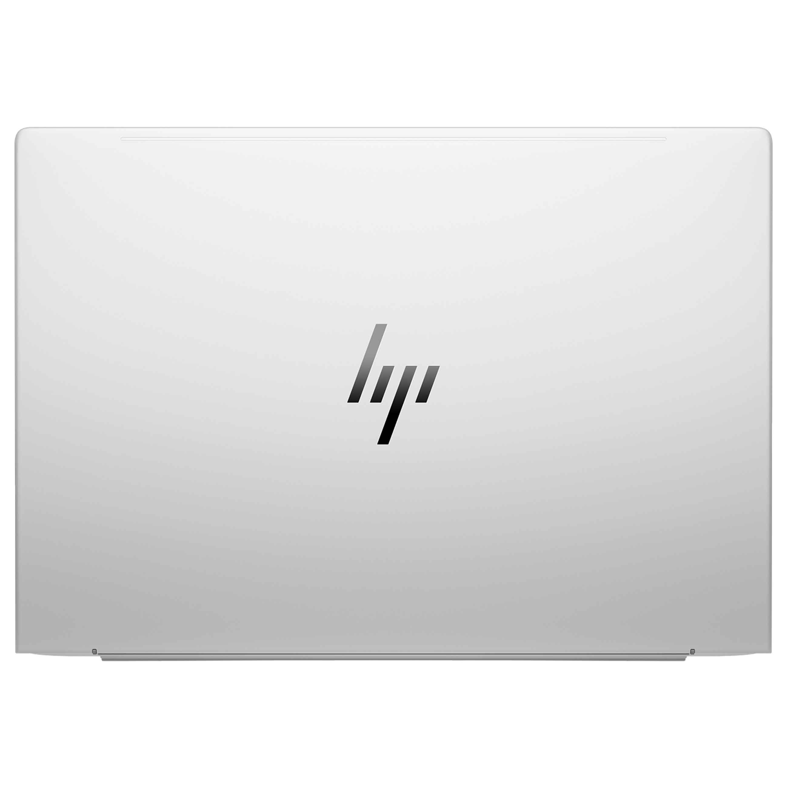 Ein geschlossener silberner HP-Laptop zeigt das glänzende HP-Logo in der Mitte auf schlichtem weißem Hintergrund.