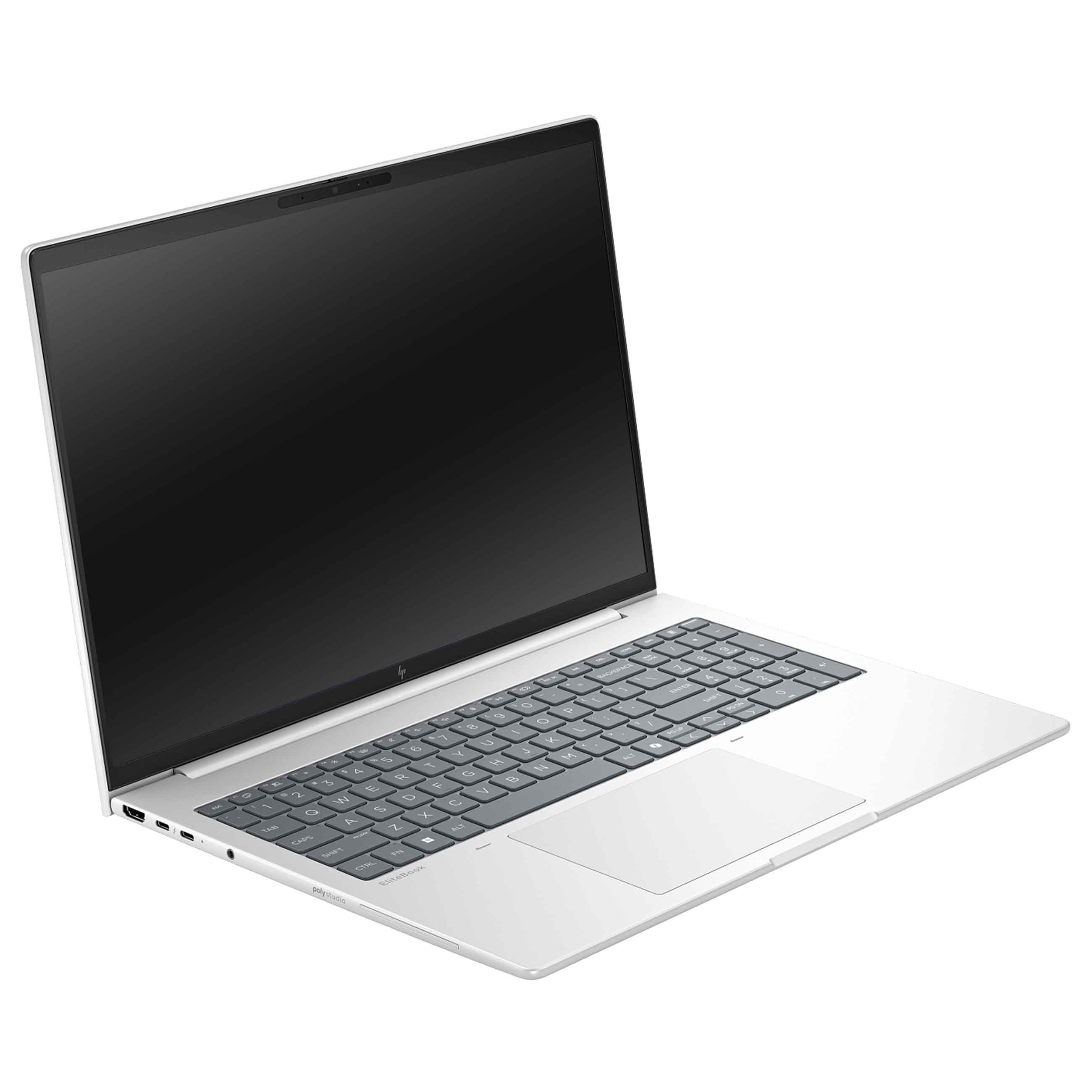 Ein silberner Laptop mit schwarzer Tastatur und dunklem Bildschirm auf weißem Hintergrund.