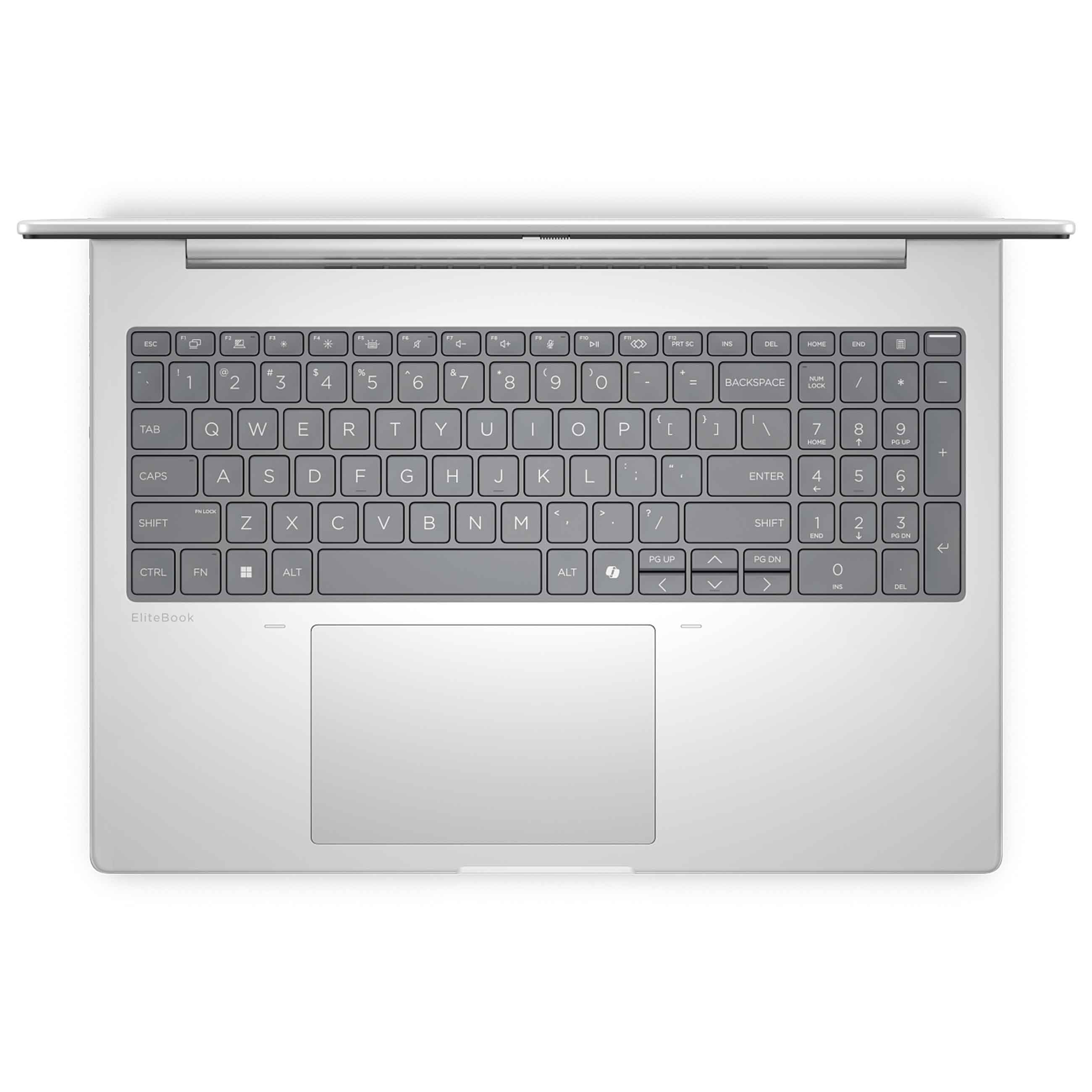 Silberner Laptop von oben mit grauer QWERTY-Tastatur und integriertem Touchpad.