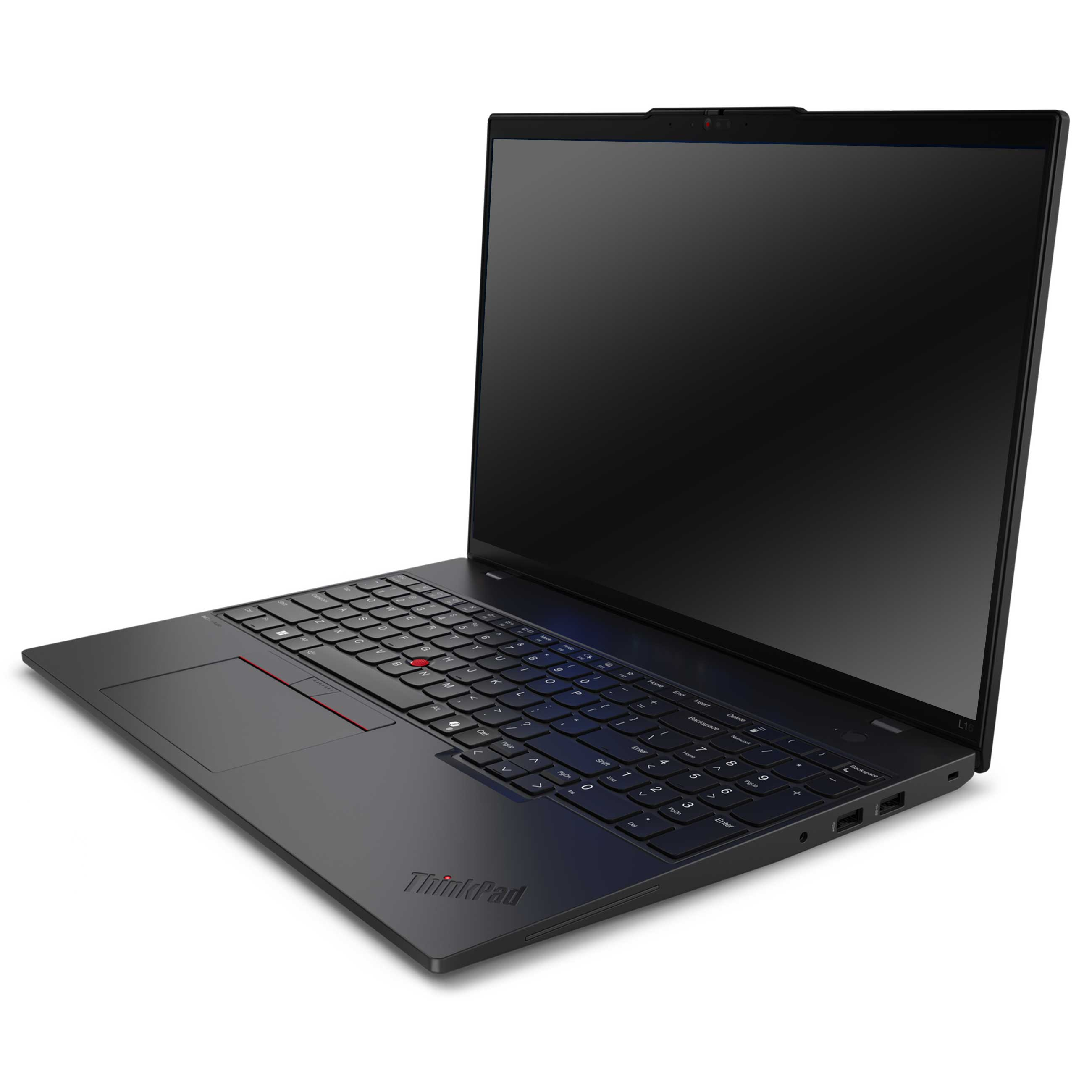 Ein schwarzer Lenovo ThinkPad Laptop mit geöffnetem Bildschirm steht auf einer weißen Oberfläche.