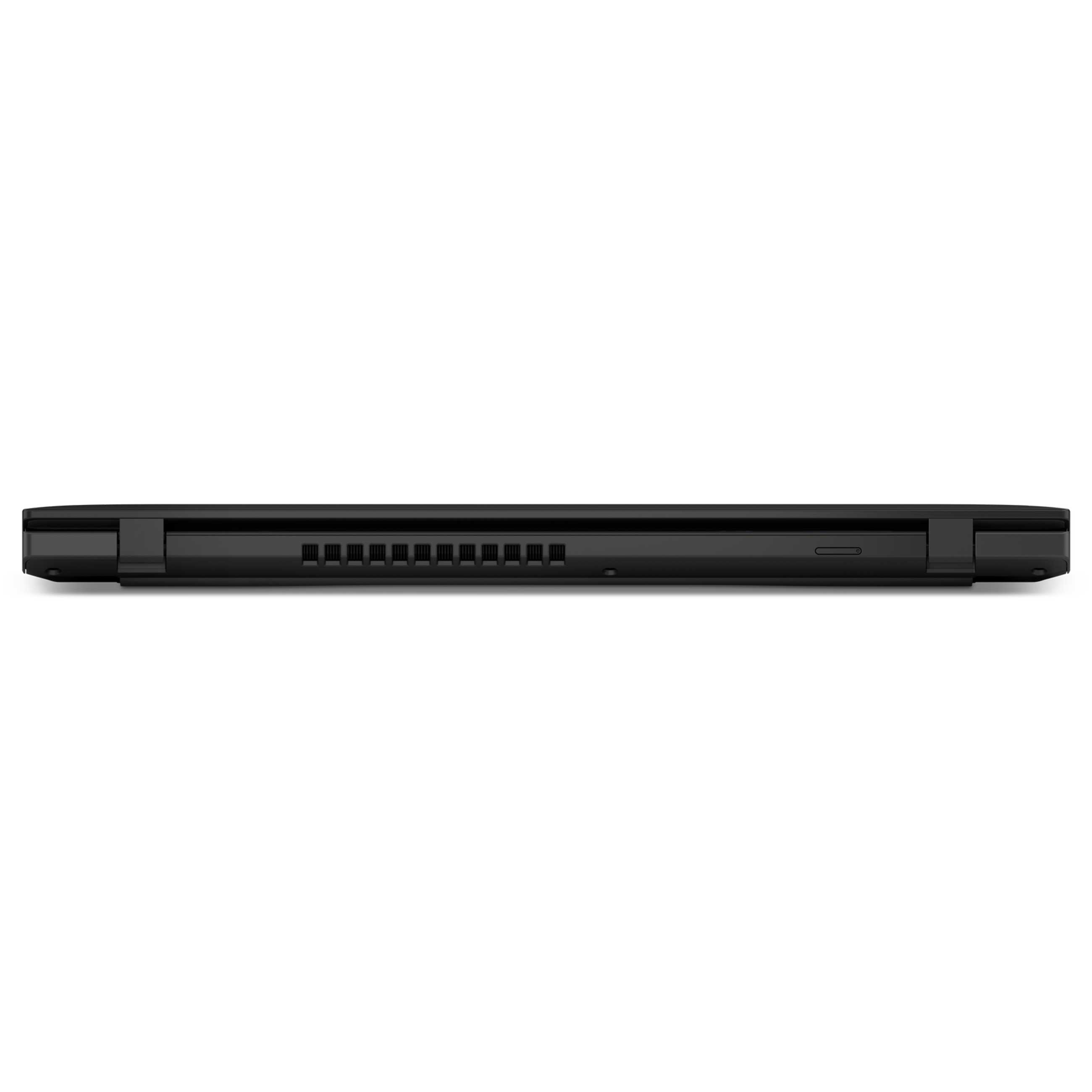Rückansicht eines geschlossenen schwarzen Laptops mit Scharnieren und Lüftungsgittern auf weißem Hintergrund.
