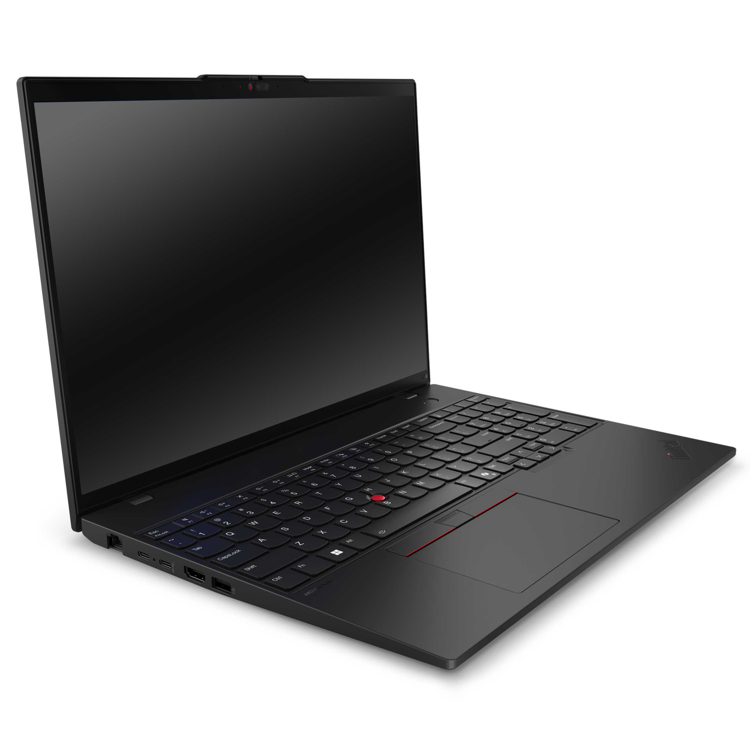 Ein offener schwarzer Laptop steht auf einer weißen Oberfläche und zeigt die Tastatur und den schwarzen Bildschirm.