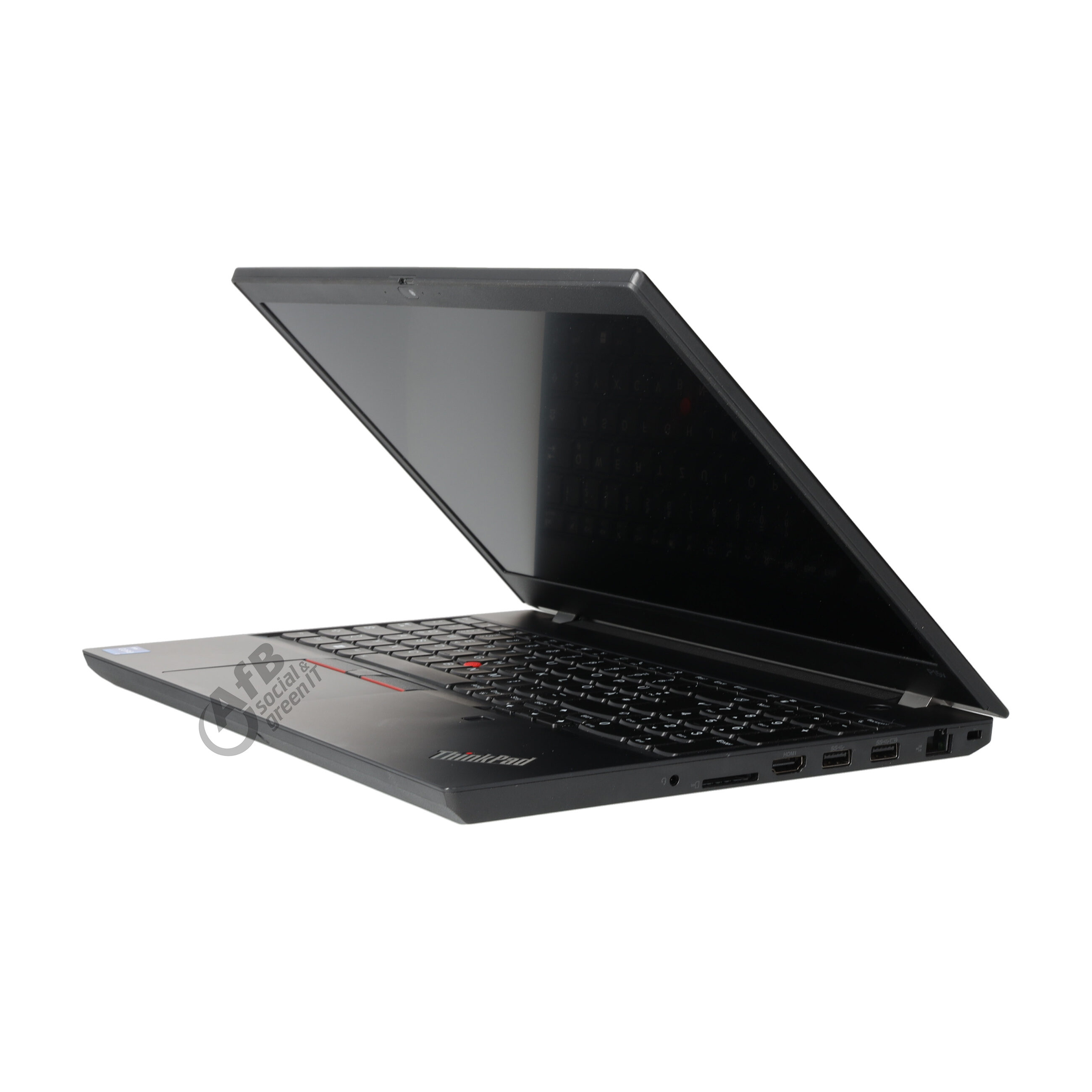 Ein offener schwarzer Lenovo ThinkPad Laptop auf weißem Hintergrund, seitlich rechts fotografiert.