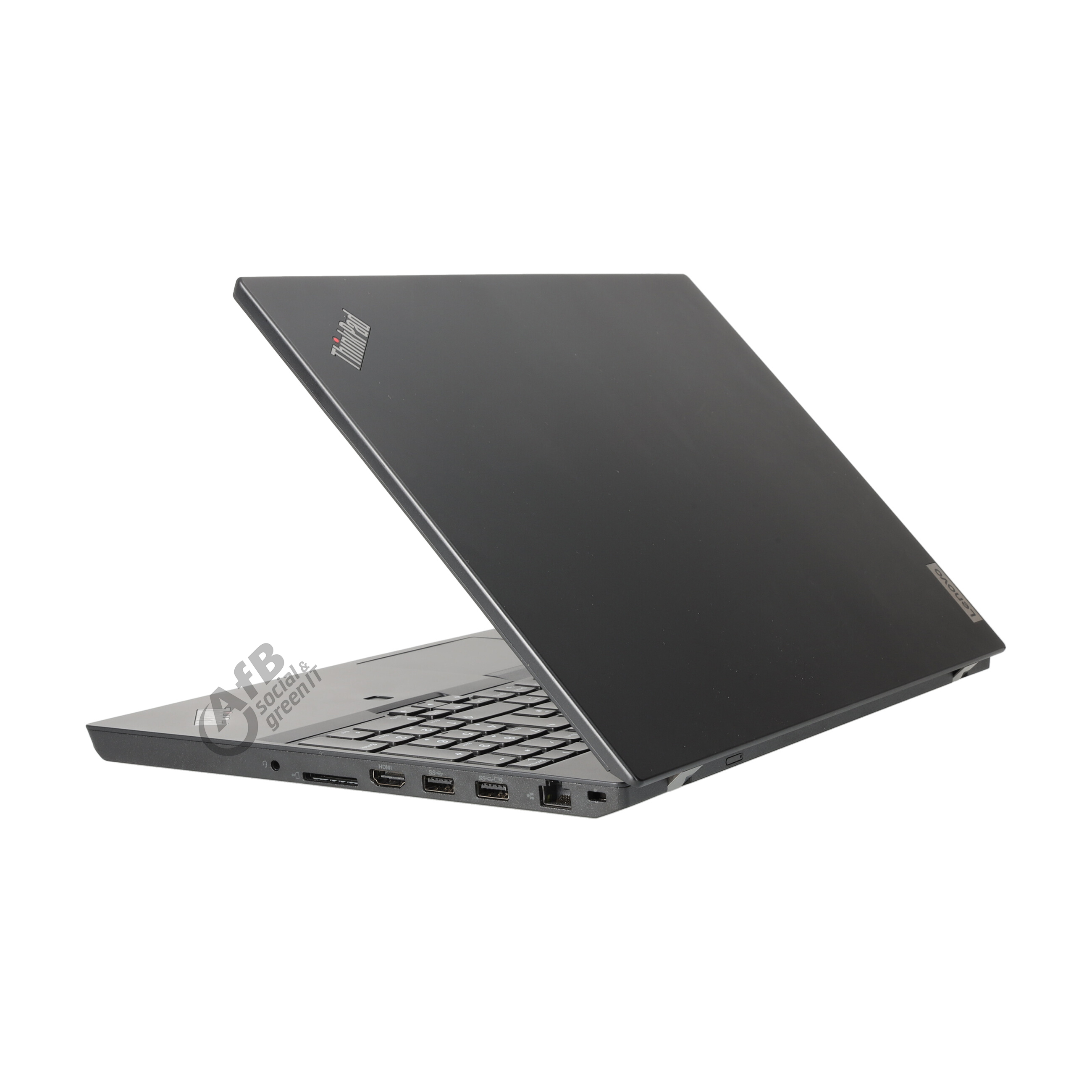 Ein schwarzes Lenovo ThinkPad Laptop wird von rechts, leicht geöffnet, vor weißem Hintergrund gezeigt.