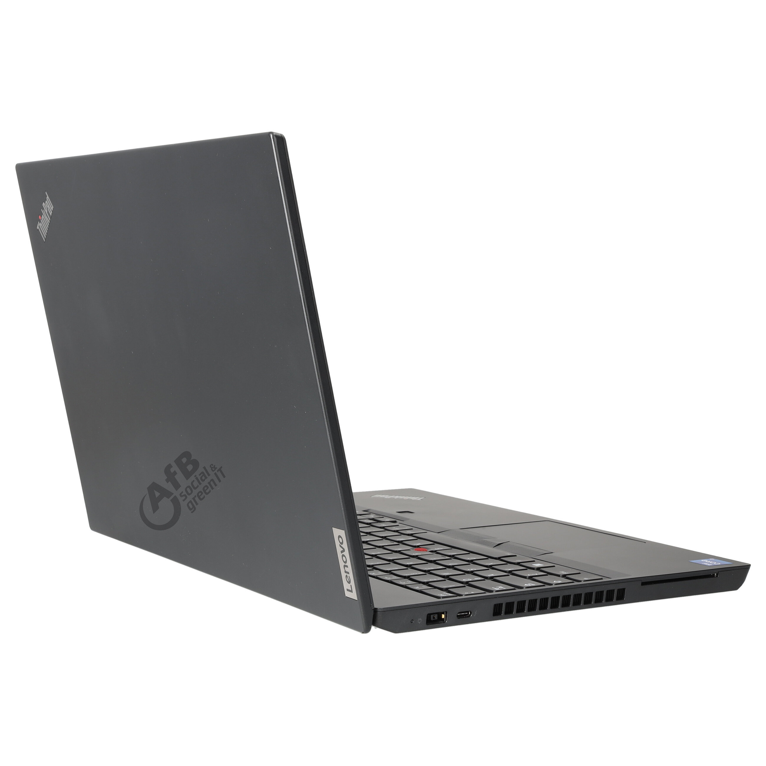Ein schwarzer Lenovo ThinkPad Laptop auf weißem Hintergrund, seitlich geöffnet mit Logo.