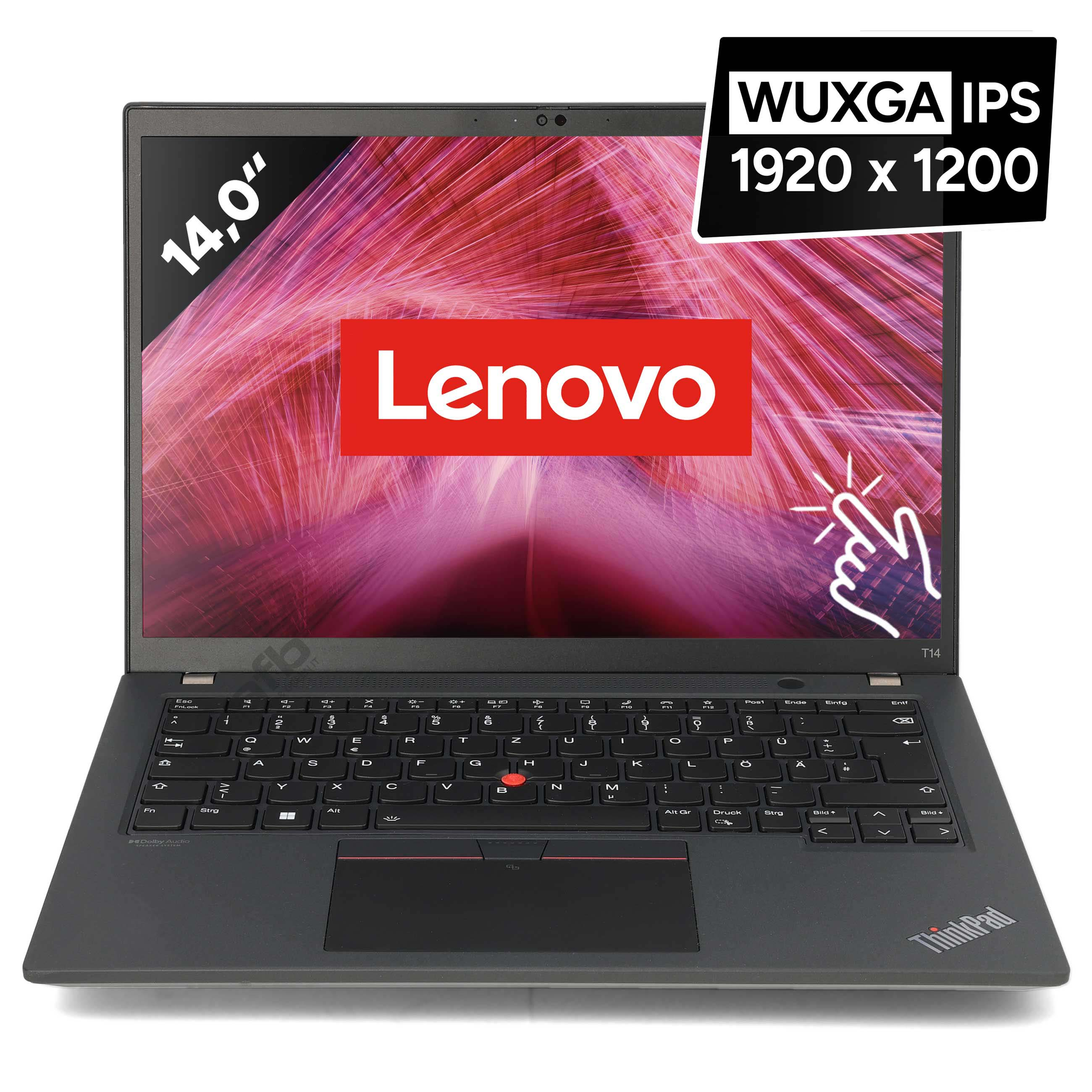 Ein Lenovo ThinkPad Laptop mit 14-Zoll-Bildschirm, rotem Logo auf dem Display und schwarzer Tastatur.