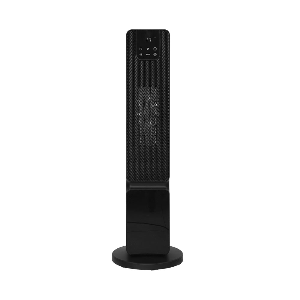 Ein schlanker schwarzer Turmheizer mit digitalem Display und runder Basis auf weißem Hintergrund.