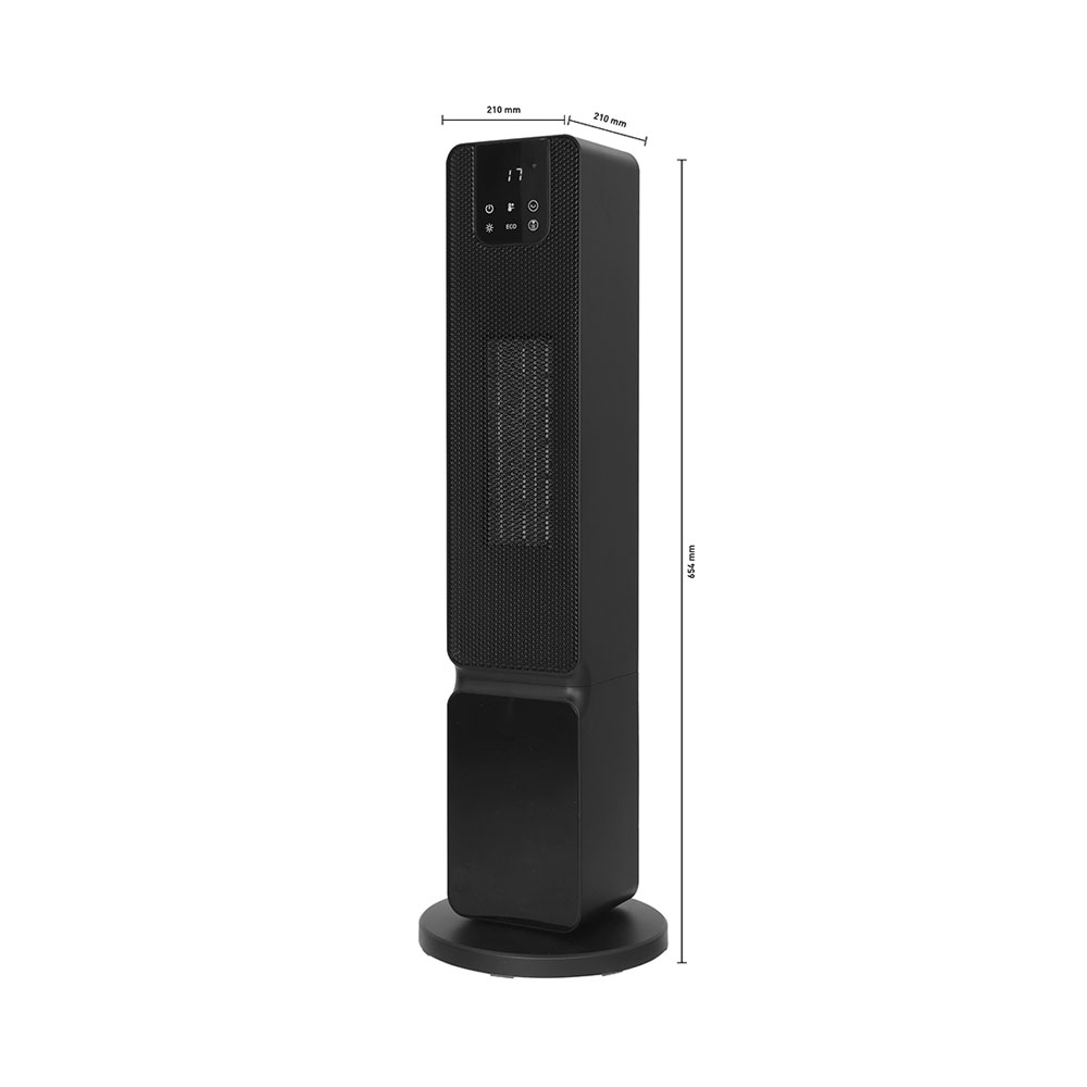 Schwarzer Turmheizer mit digitalen Bedienelementen und Maßen von 210x210x654 mm auf weißem Hintergrund.
