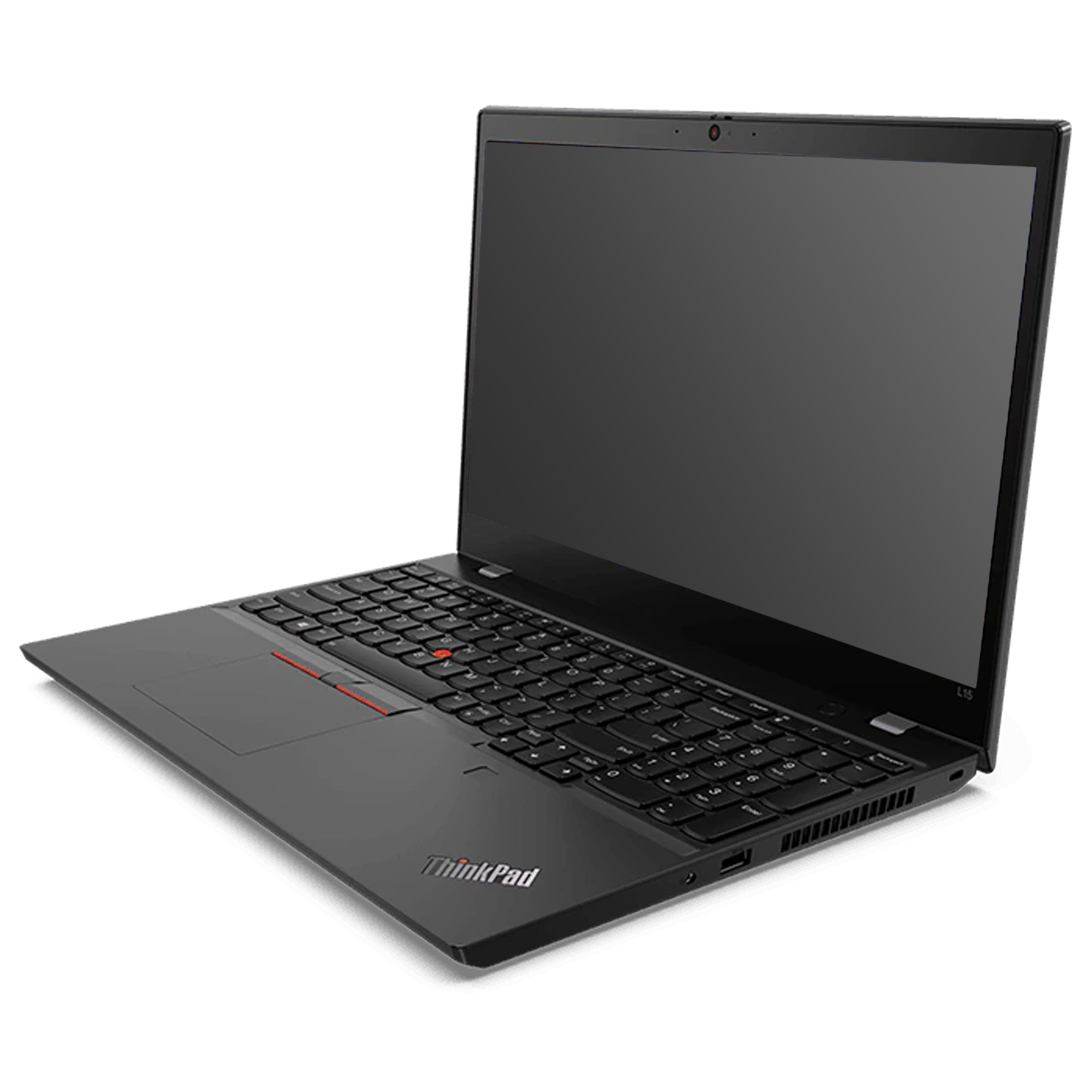 Ein schwarzer ThinkPad Laptop im schrägen Seitenblick vor weißem Hintergrund.