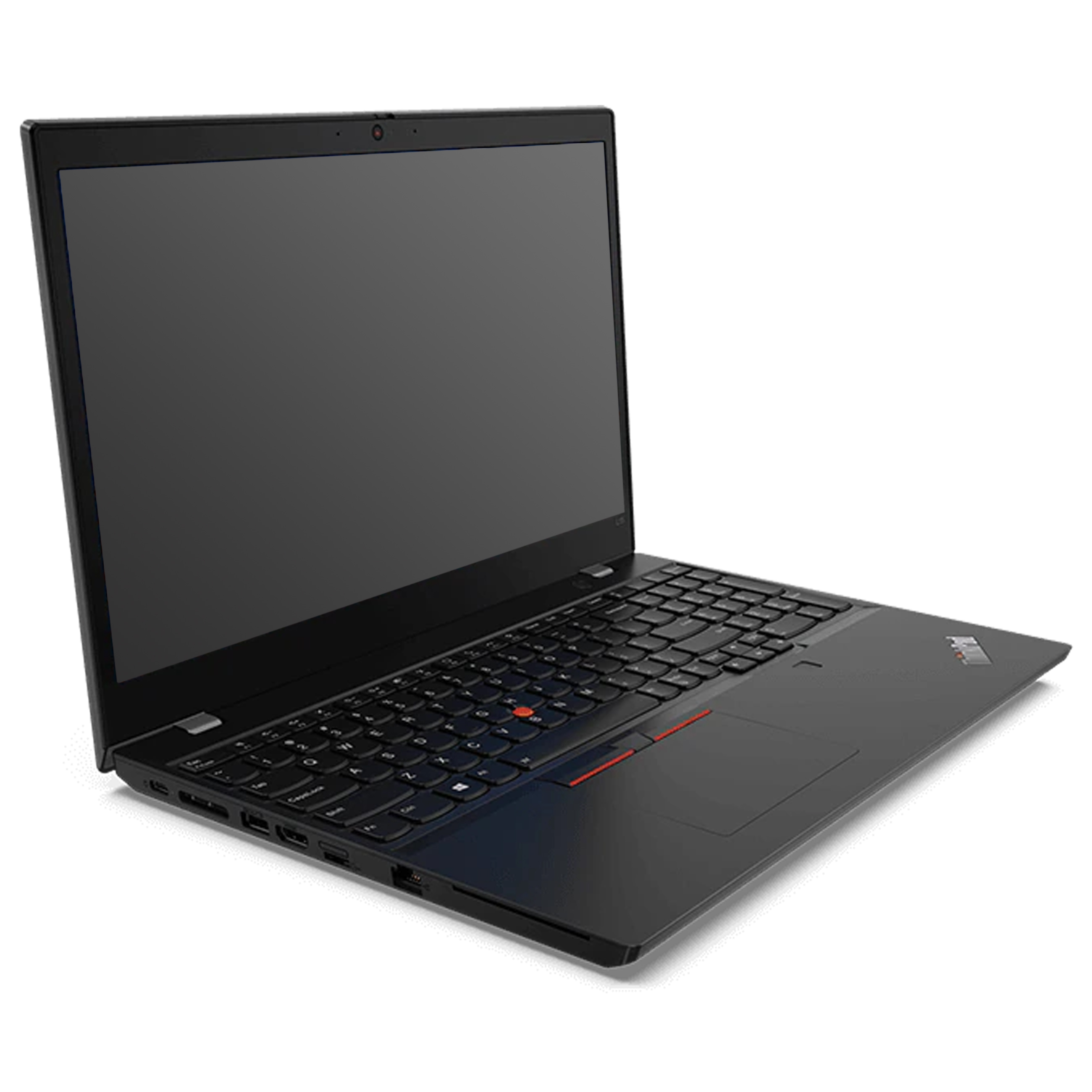 Ein schwarzer Laptop steht auf weißem Hintergrund mit geöffnetem Bildschirm und Blick auf die Tastatur.