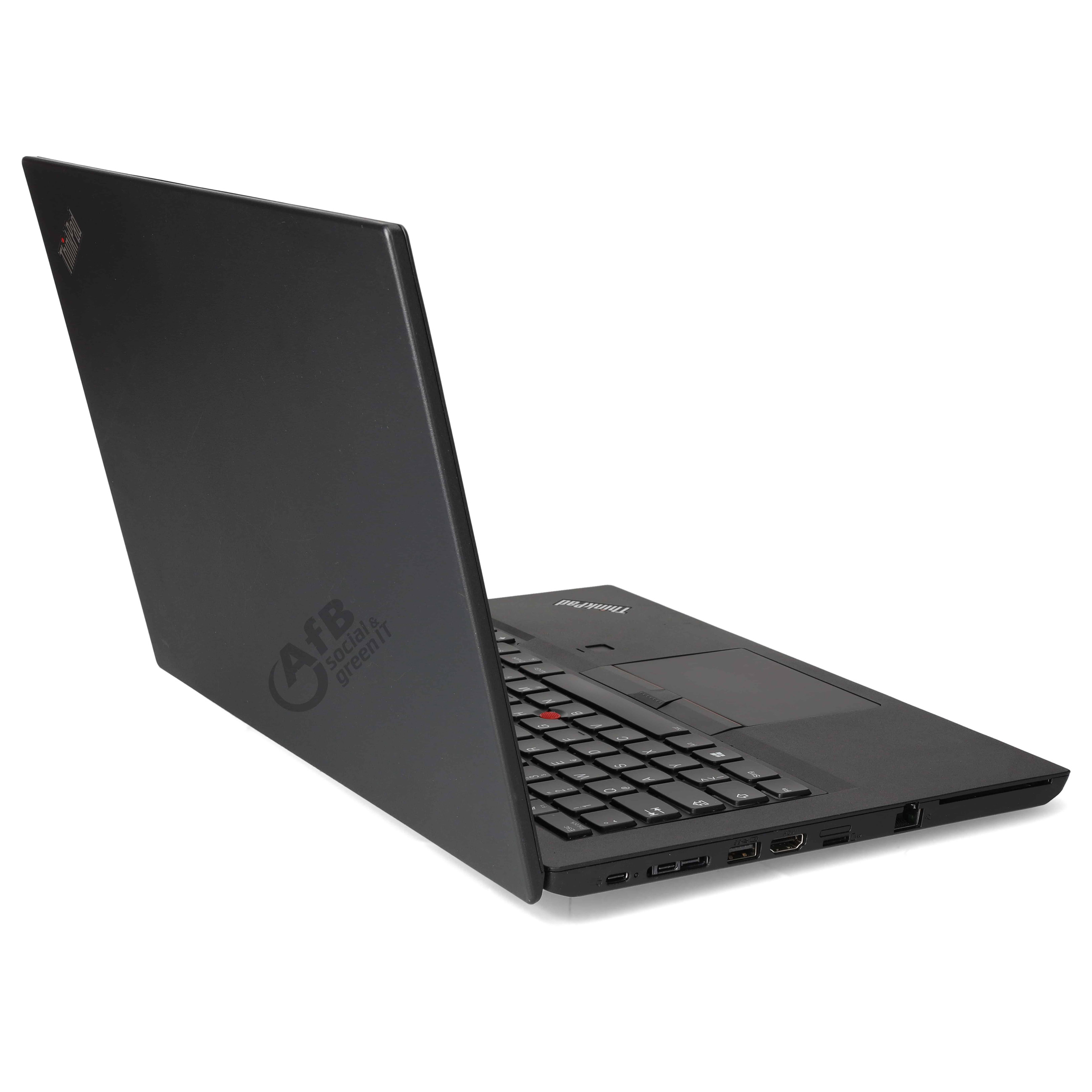 Ein schwarzes ThinkPad Laptop auf weißem Hintergrund mit AfB-Logo auf dem Gehäuse.