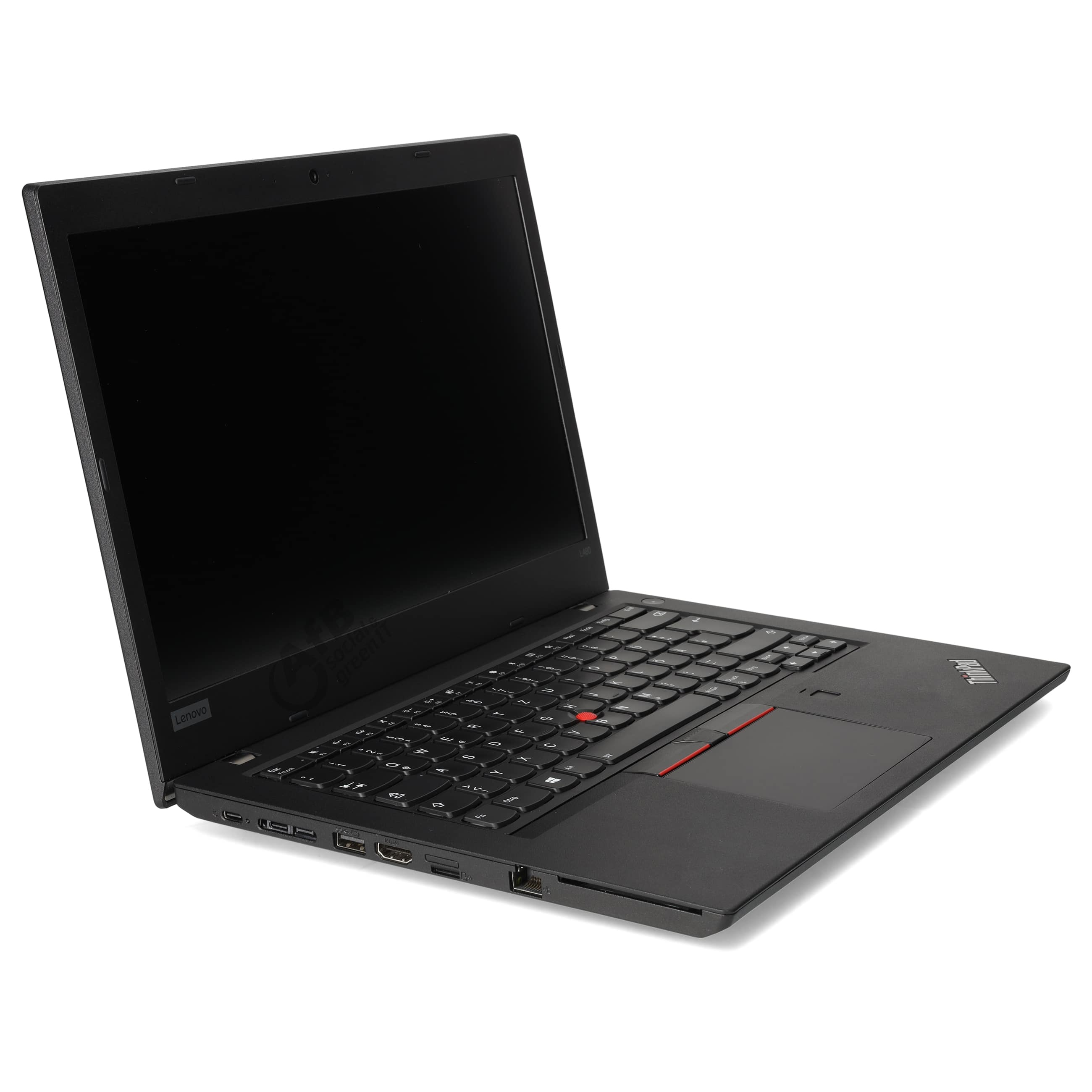 Ein offener schwarzer Lenovo Laptop auf weißem Hintergrund, seitlich fotografiert.