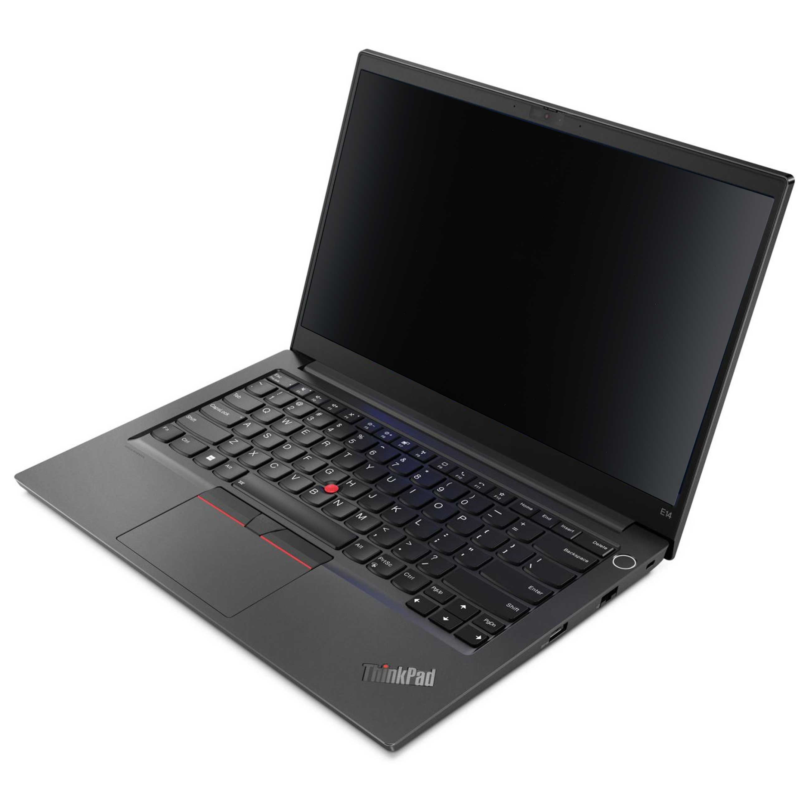 Ein offener schwarzer Lenovo ThinkPad E14 Laptop steht auf einem weißen Hintergrund.