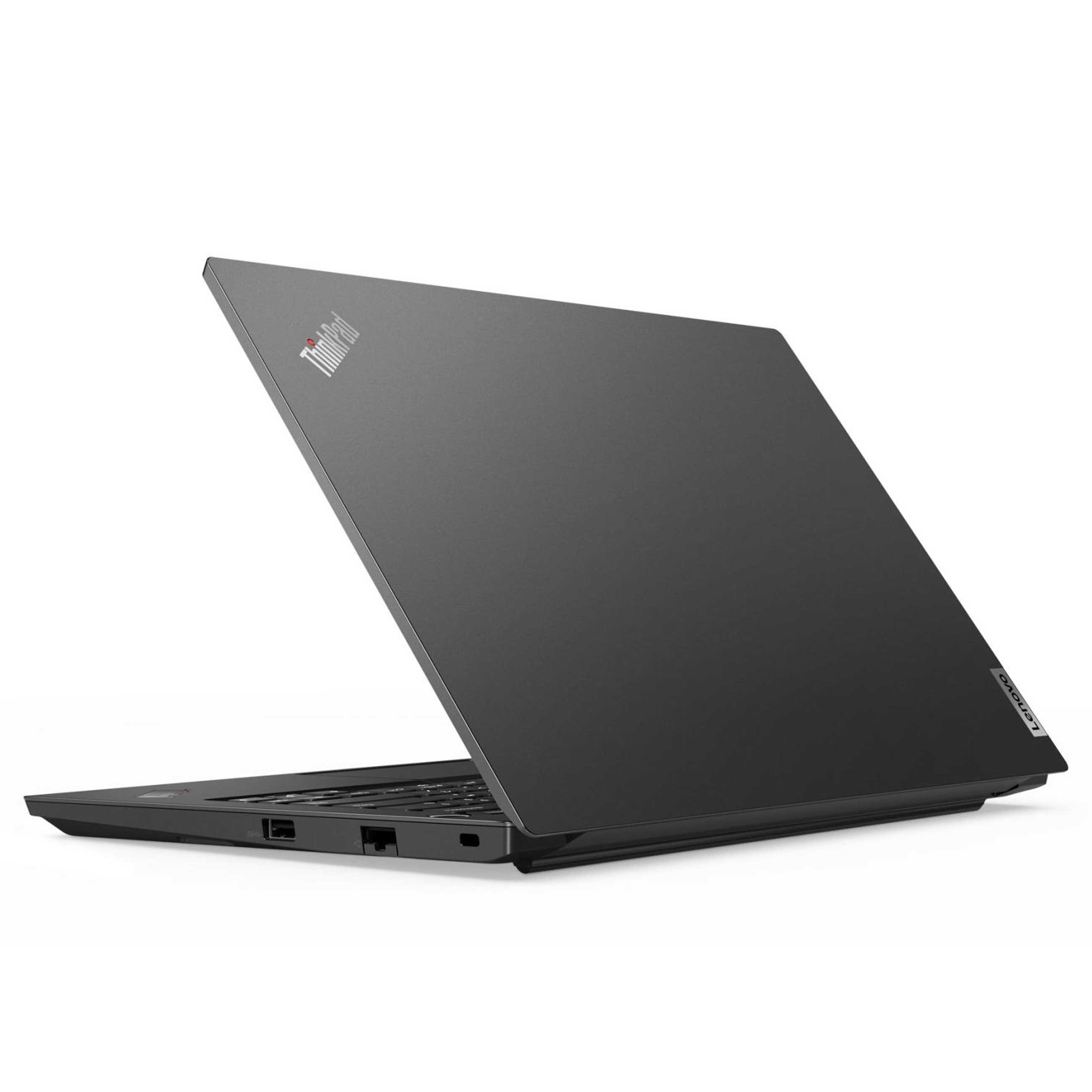 Ein grauer Lenovo ThinkPad Laptop ist auf einer weißen Oberfläche von schräg hinten zu sehen.