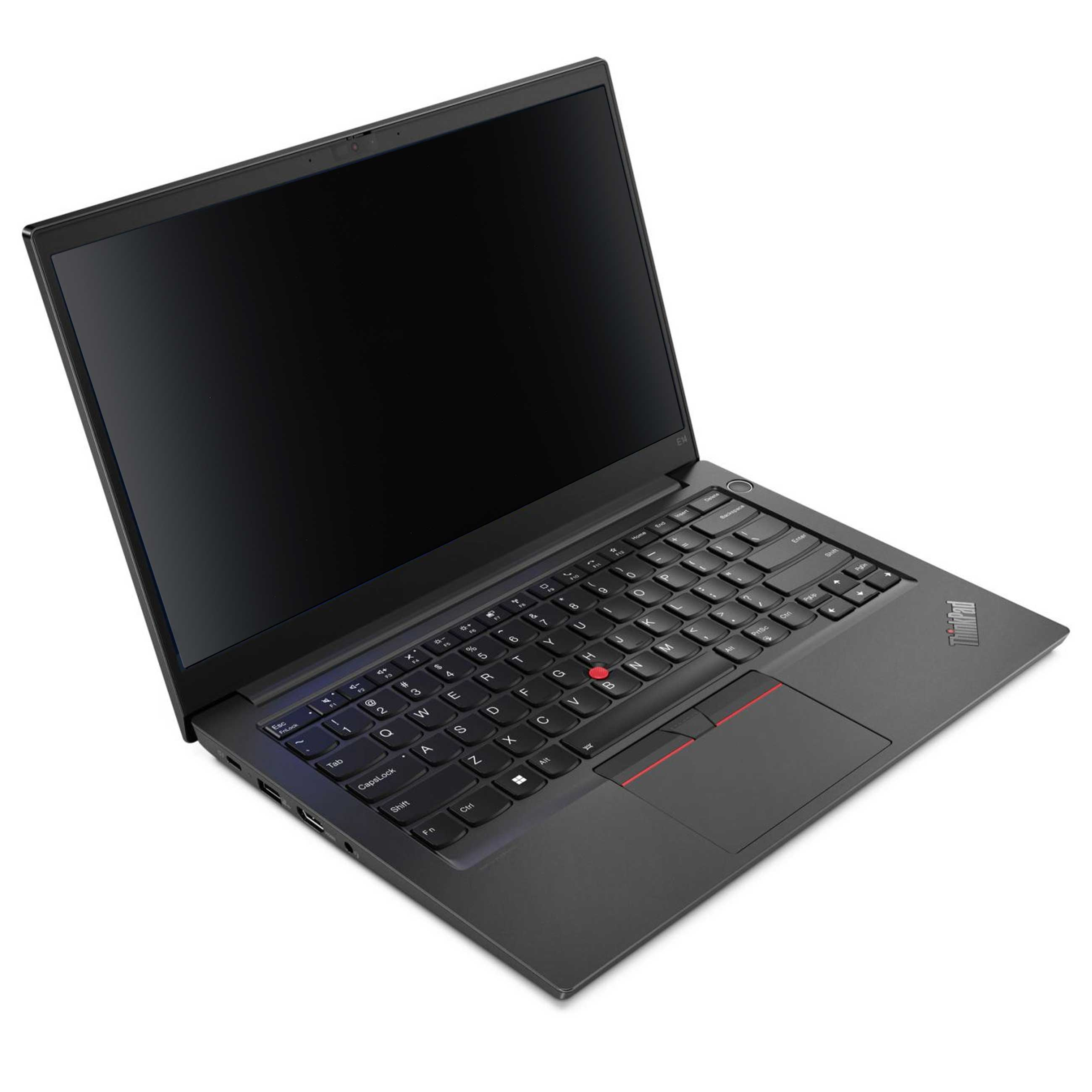 Ein offener schwarzer Laptop steht auf einer weißen Oberfläche mit schwarzem Bildschirm.