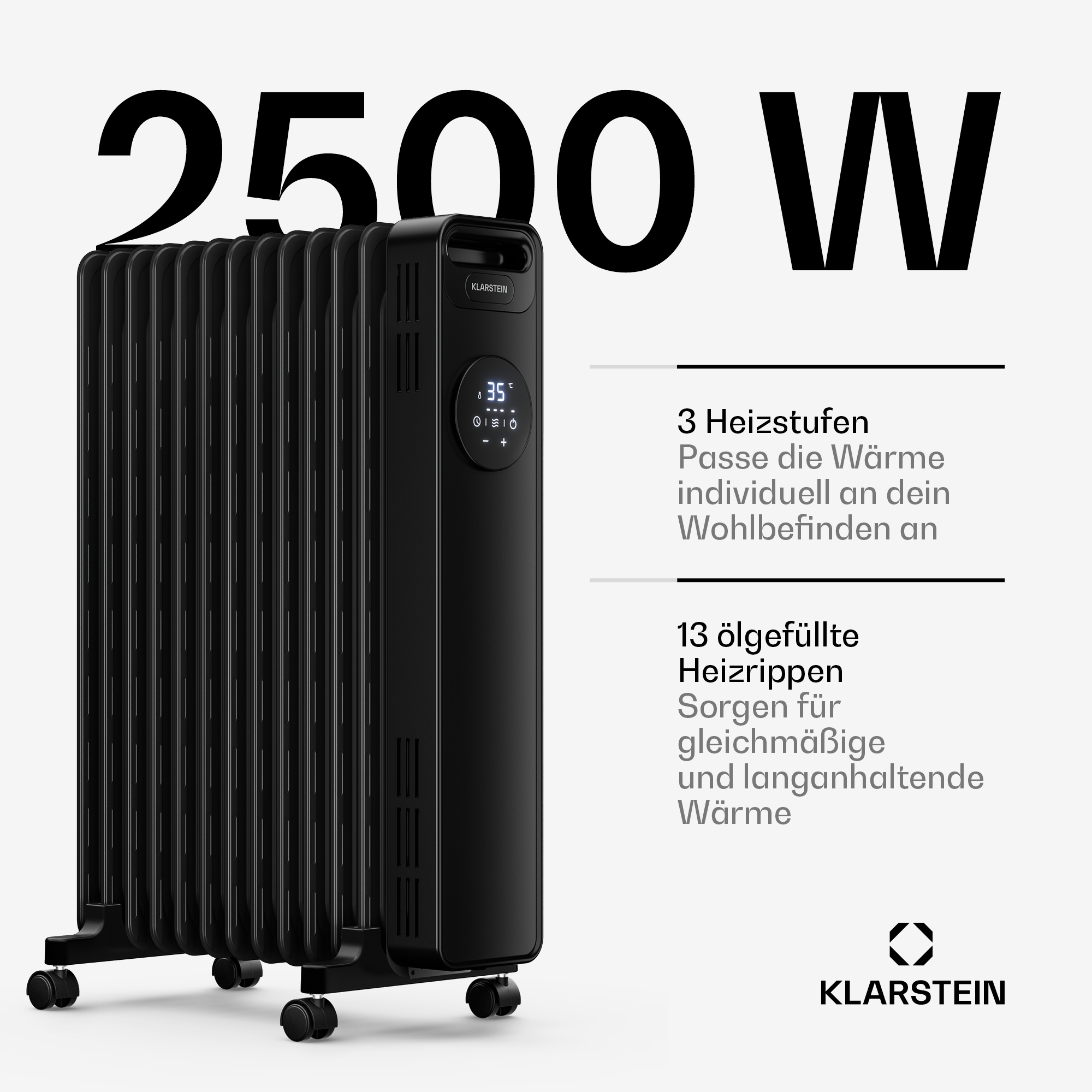 Schwarzer Klarstein 2500W ÖLradiator mit 13 Rippen, Digitaldisplay und Rollen vor weißem Hintergrund.