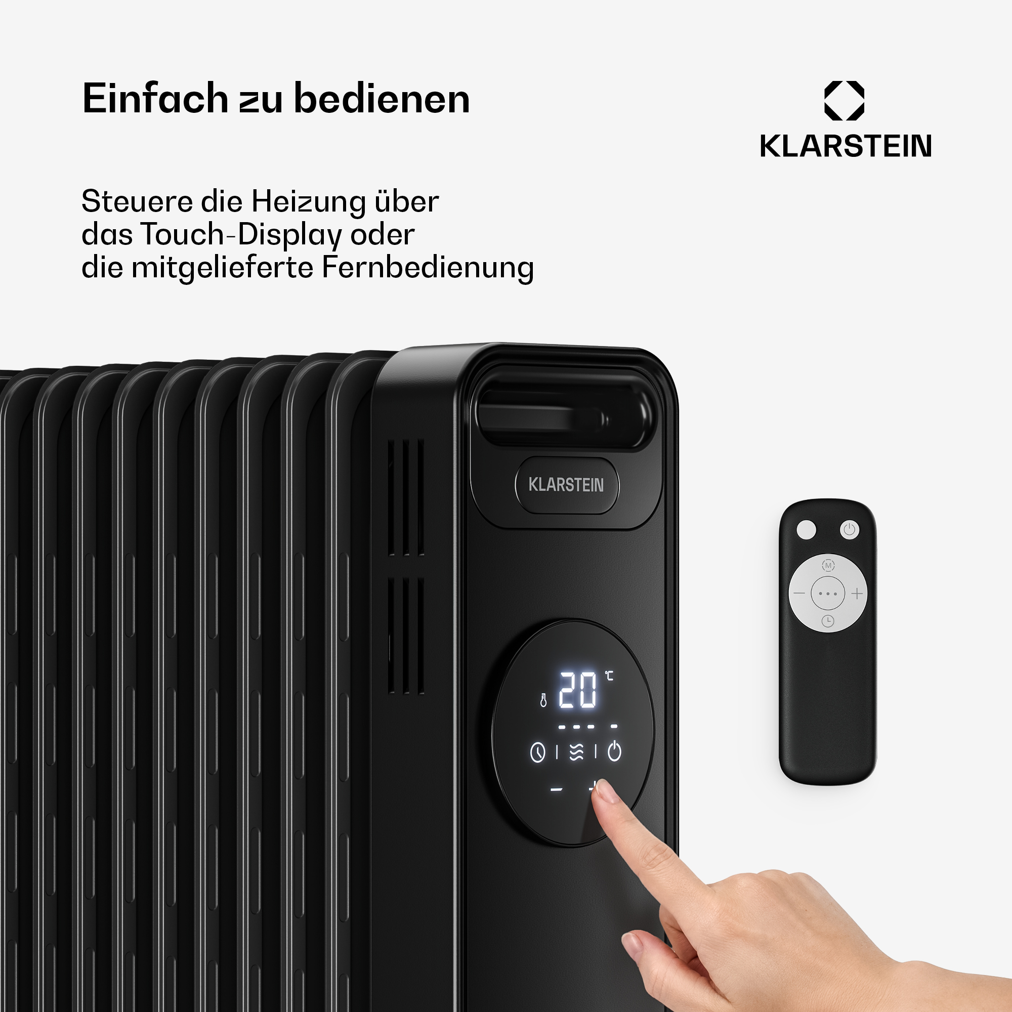 Schwarzer Klarstein Radiator mit Touch-Display, Fernbedienung und deutscher Produktbeschreibung.