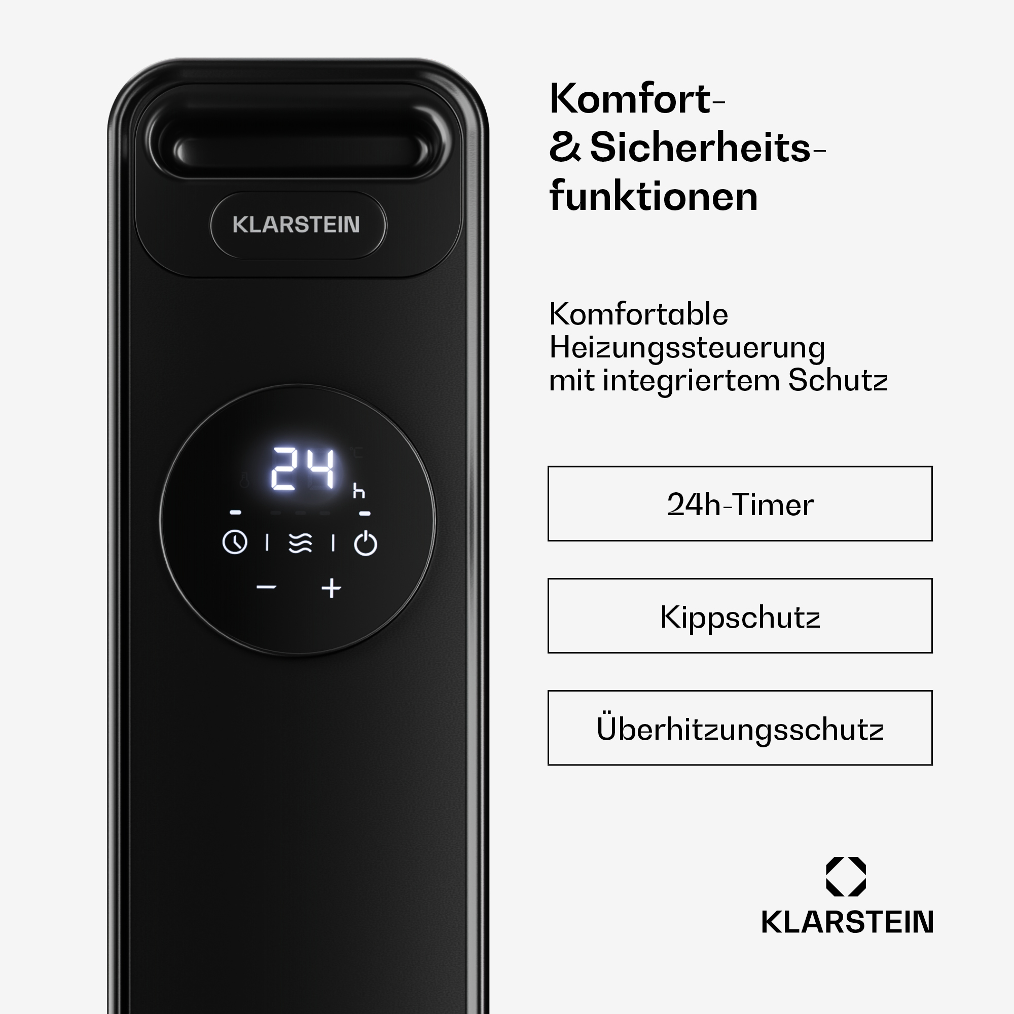 Schwarze Klarstein Heizung mit digitalem Display und Texten zu Komfort- und Sicherheitsfunktionen auf weißem Grund.
