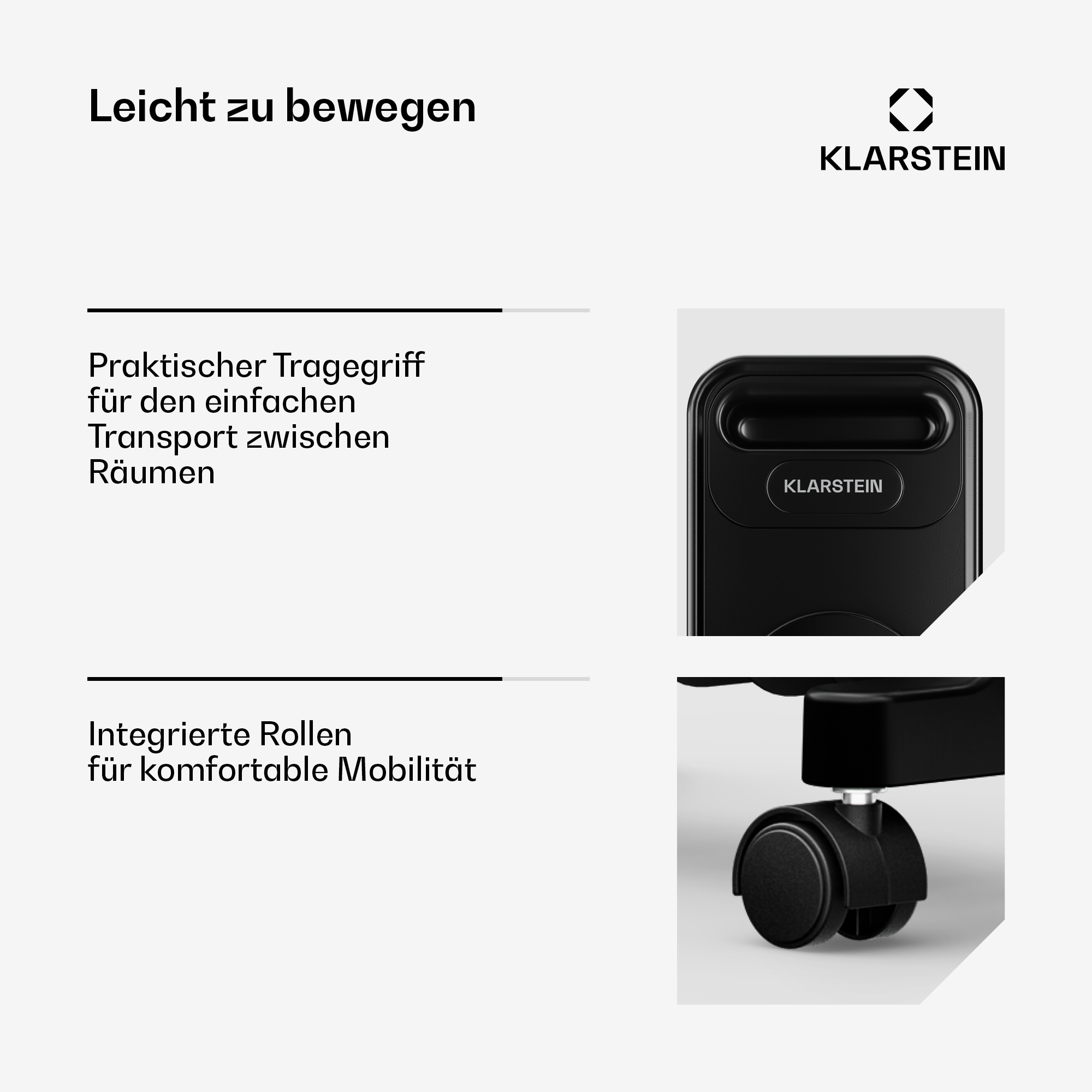 Klarstein Gerätemerkmal mit Tragegriff und integrierten Rollen für einfache Mobilität.