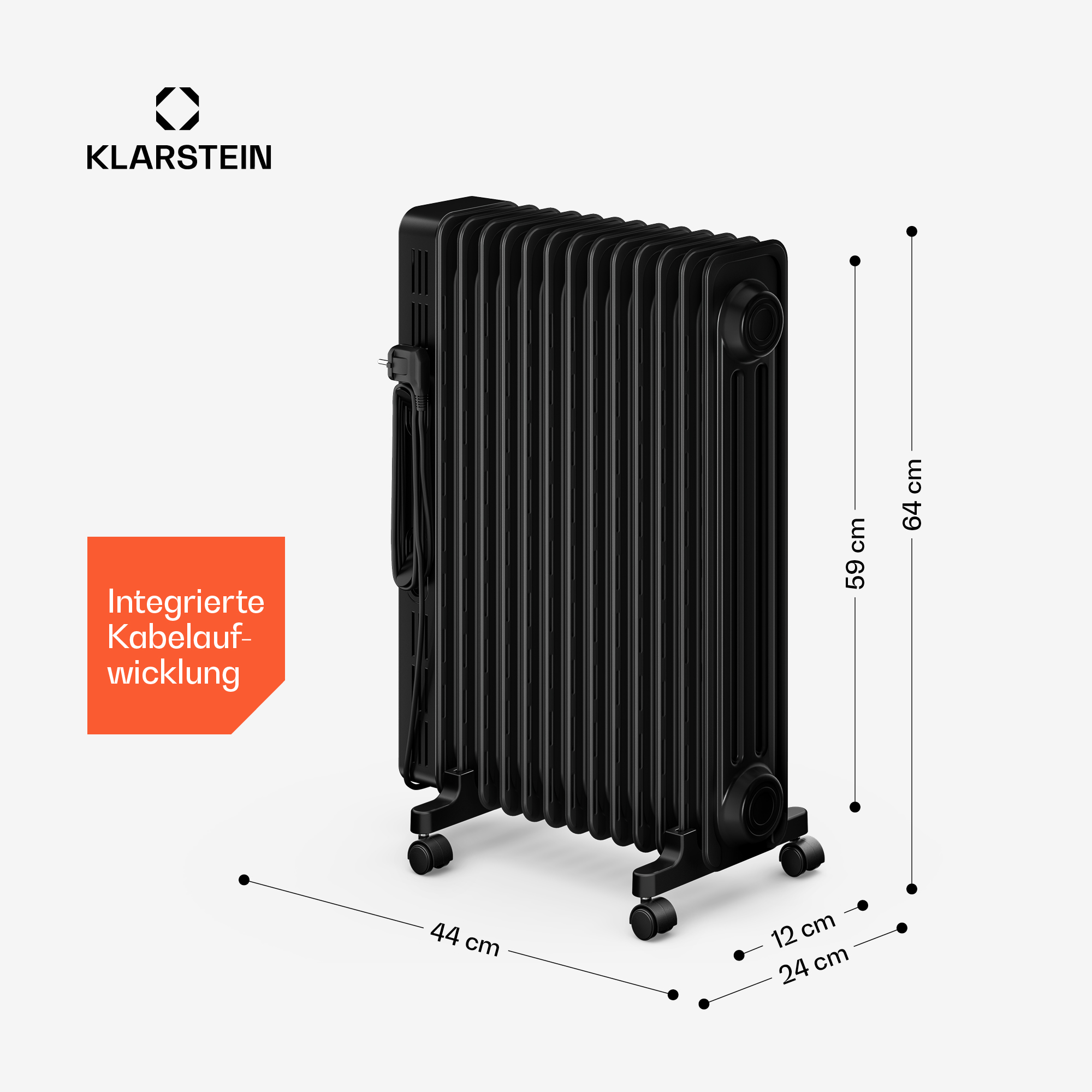 Schwarzer Klarstein Ölradiator mit Maßangaben und integrierter Kabelaufwicklung.