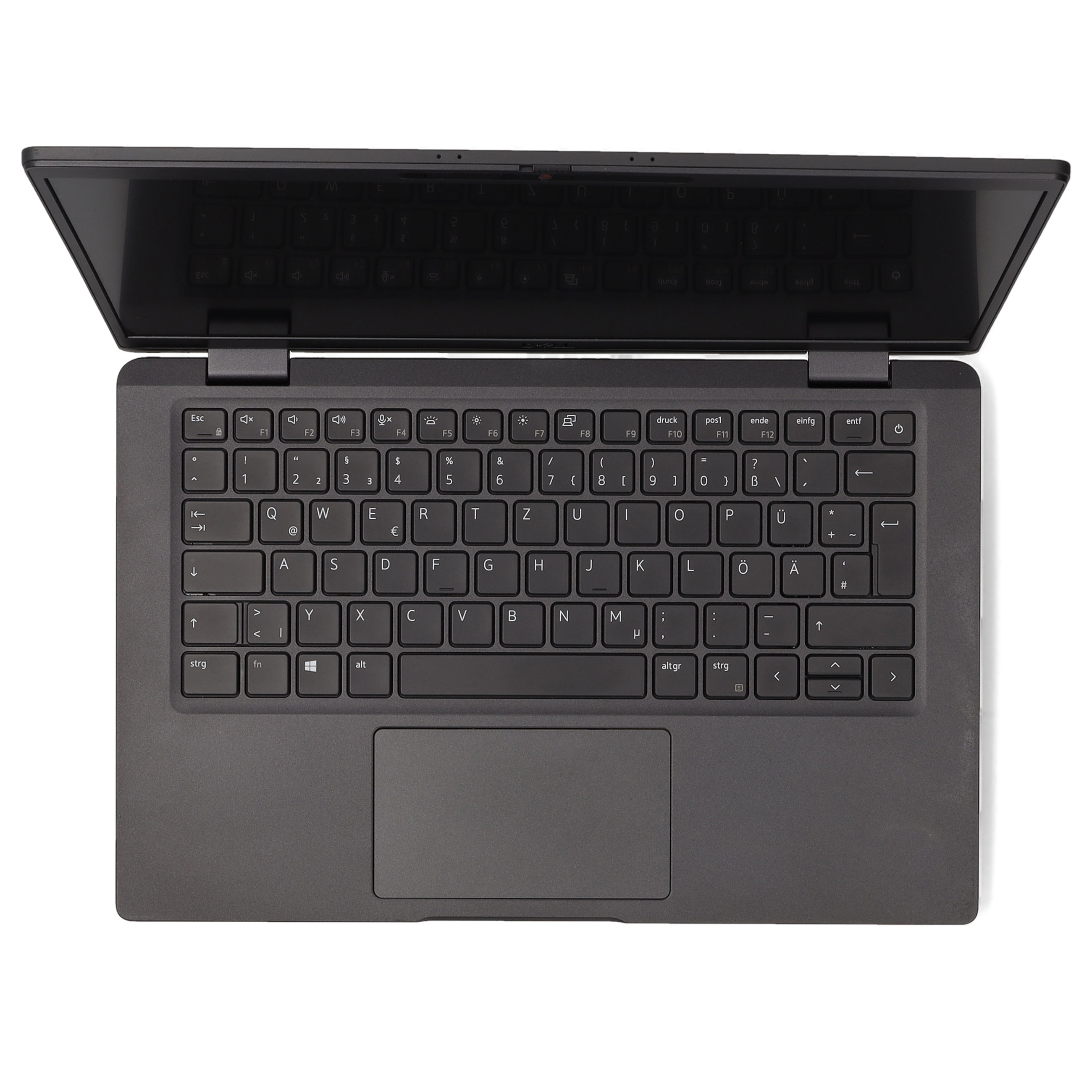 Ein schwarzer Laptop von oben mit geöffnetem Bildschirm und deutscher Tastatur.