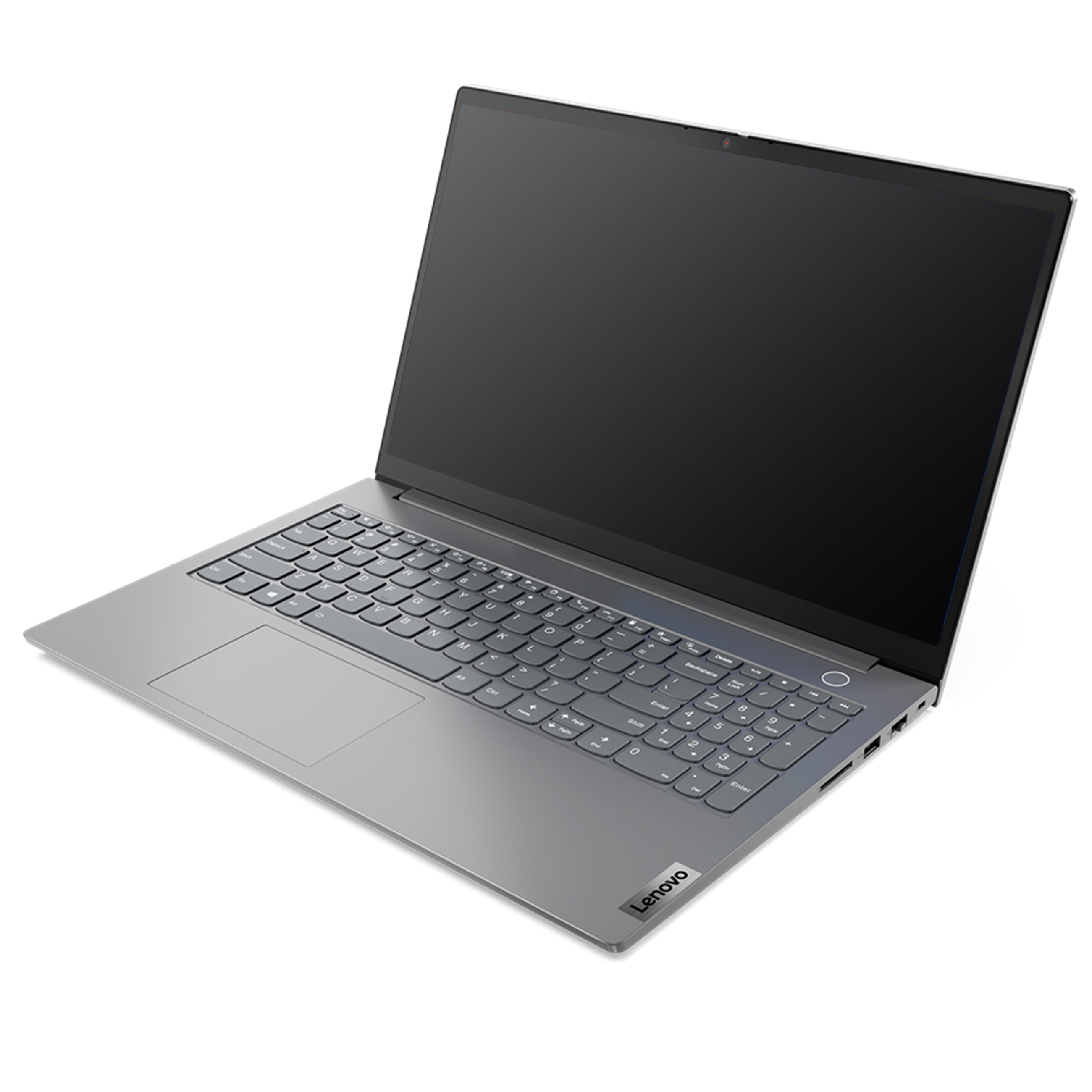 Ein silberner Laptop mit schwarzem Bildschirm steht offen auf weißem Hintergrund.