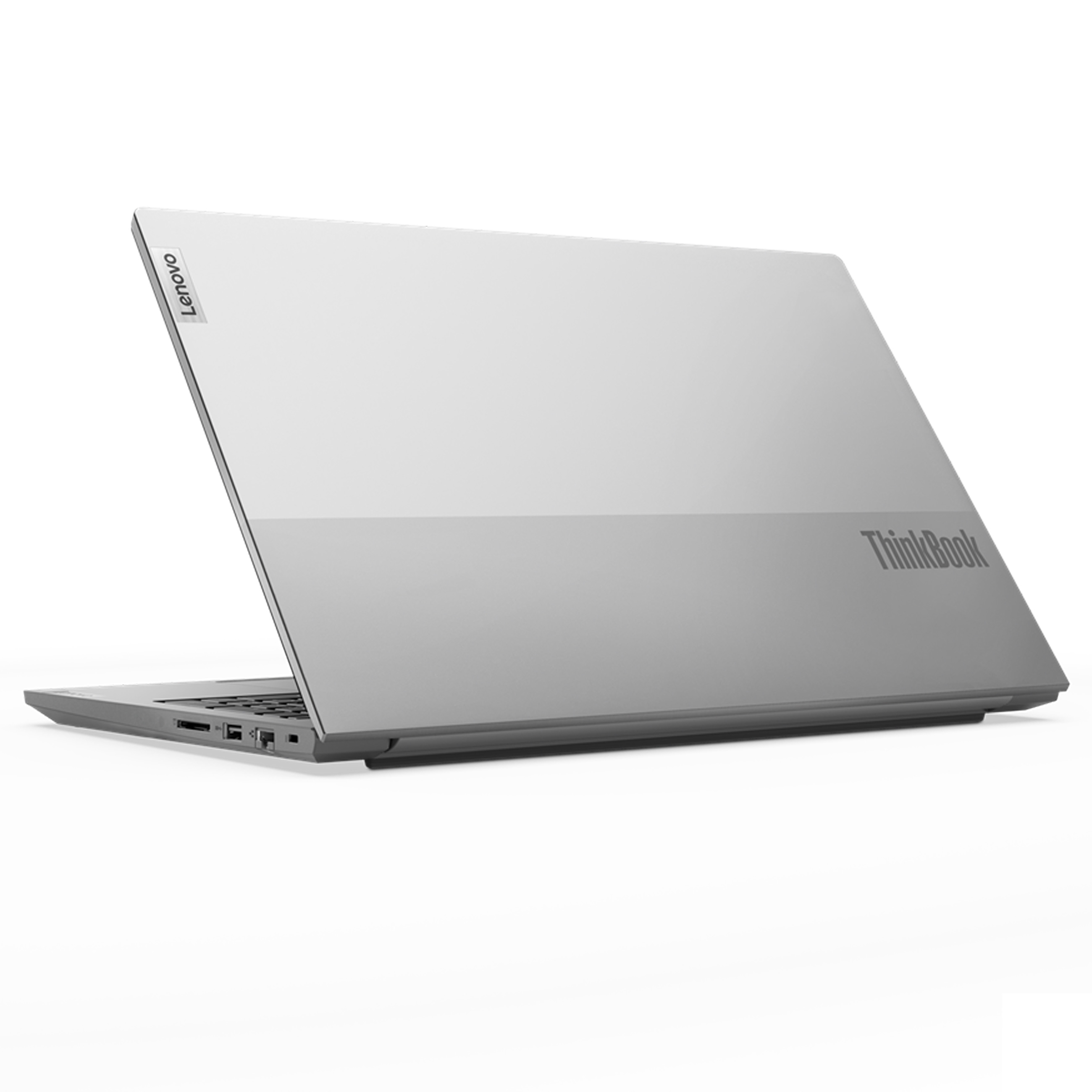 Ein silberner Lenovo ThinkBook Laptop auf weißem Hintergrund, seitlich hinten fotografiert.