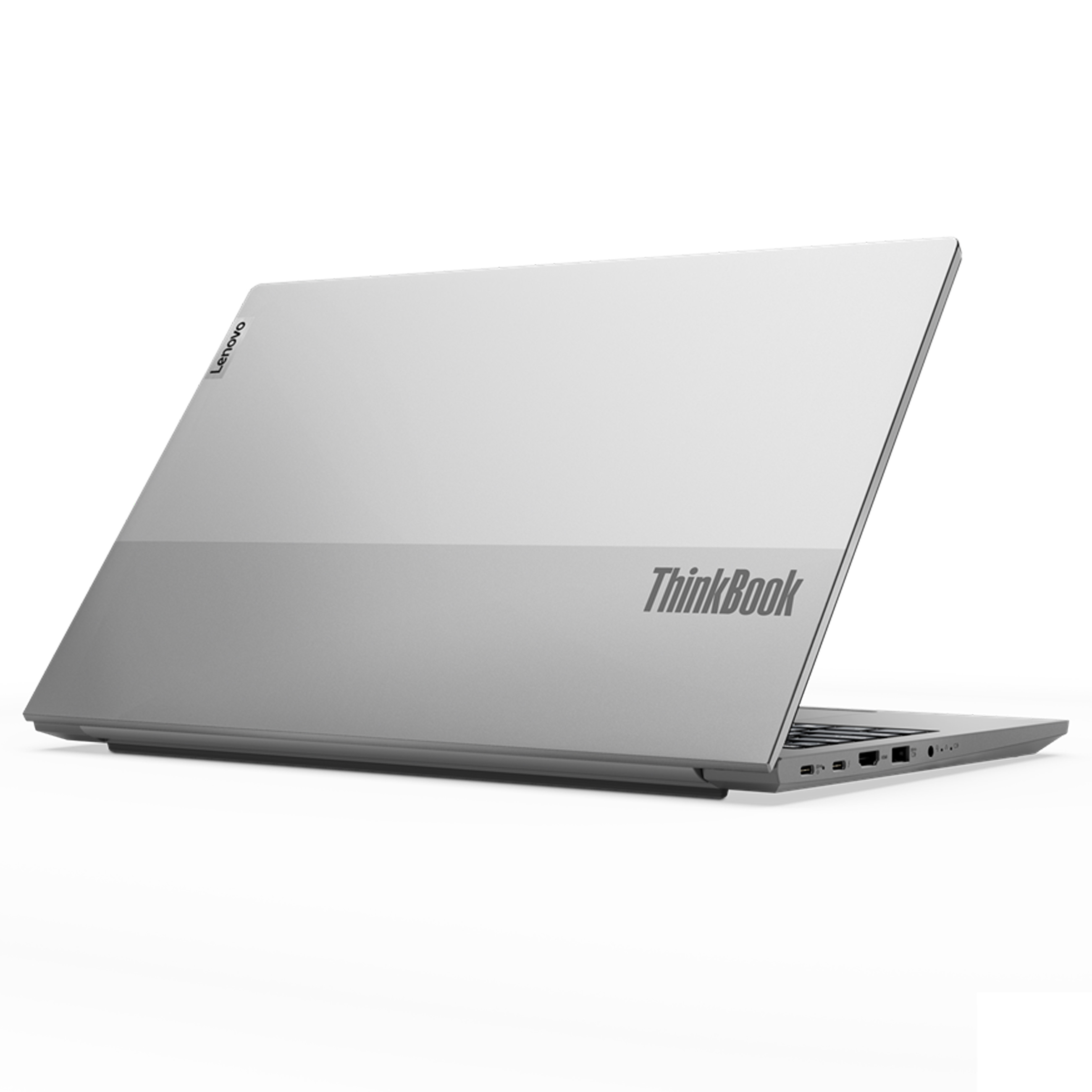 Geschlossener silberner Lenovo ThinkBook Laptop auf weißem Hintergrund mit sichtbaren Anschlüssen an der Seite.