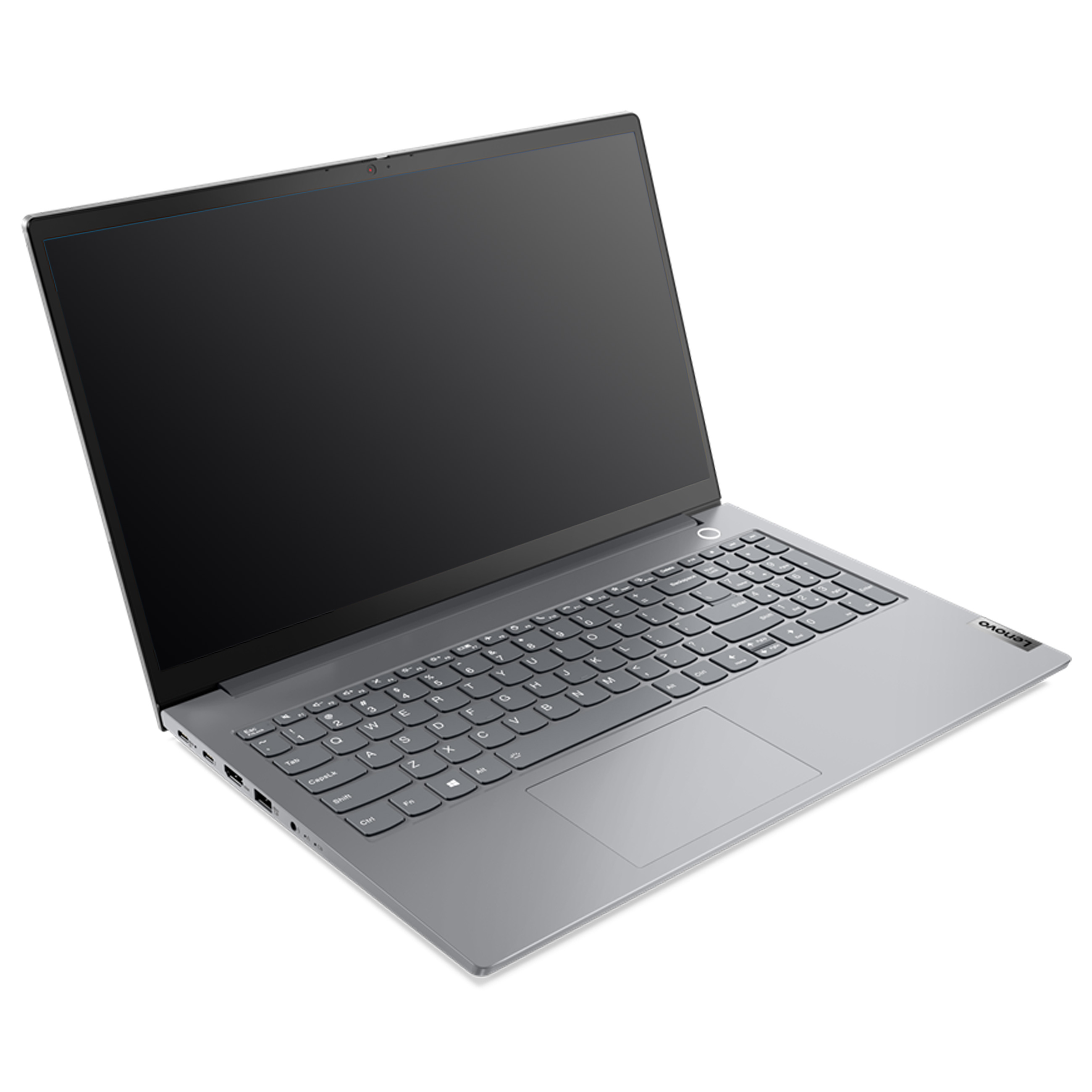 Ein silberner Lenovo Laptop ist leicht geöffnet auf weißem Hintergrund dargestellt.