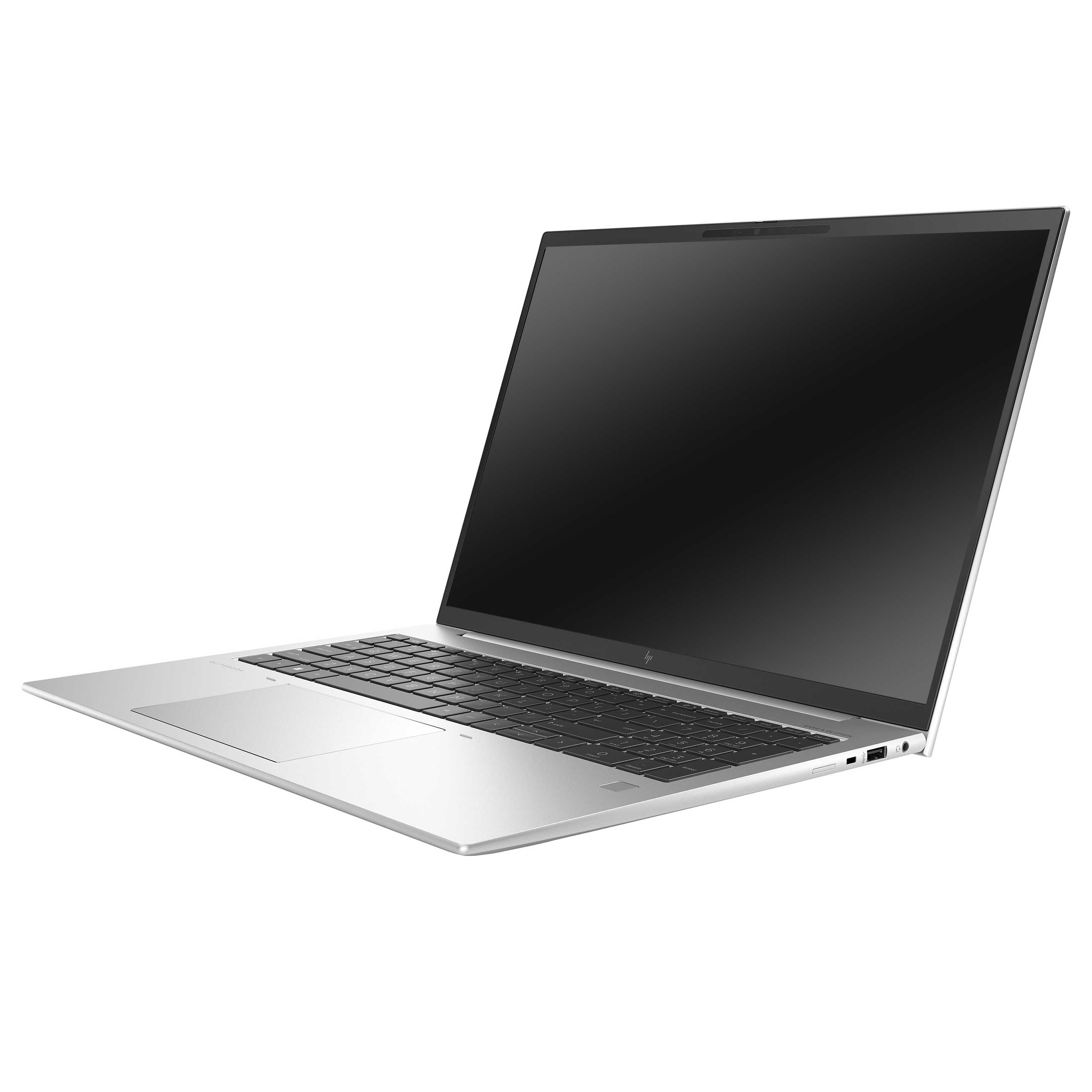 Ein silberner Laptop mit schwarzer Tastatur und dunklem Bildschirm auf weißem Hintergrund.