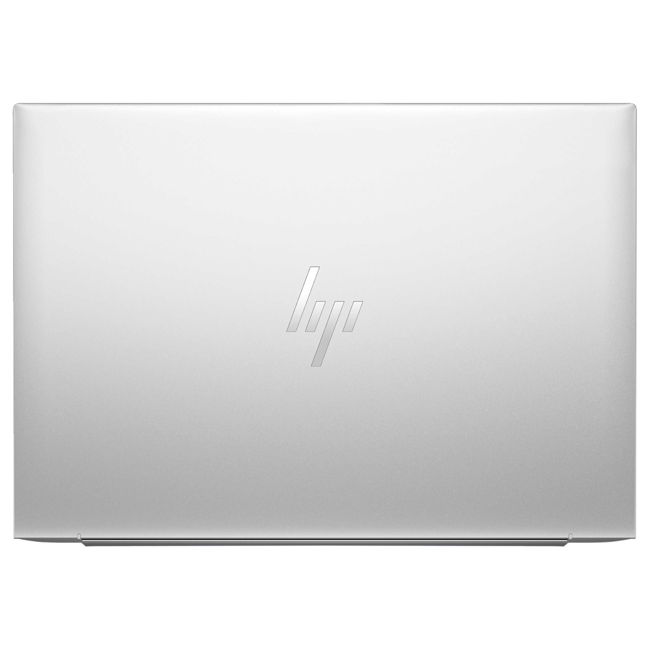 Geschlossener silberner Laptop mit HP-Logo in der Mitte vor einem schlichten weißen Hintergrund.