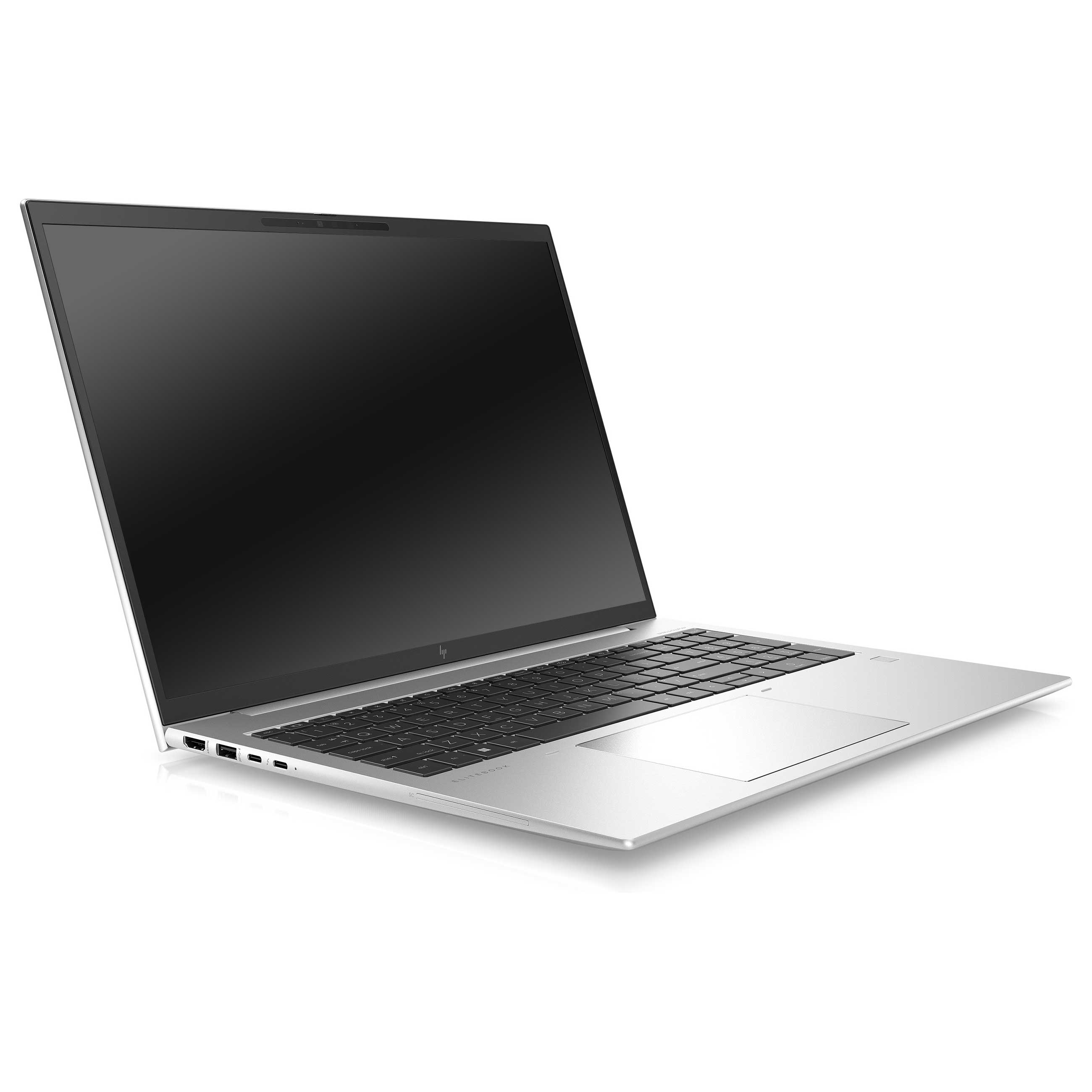 Ein silberner Laptop mit schwarzer Tastatur und dunklem Bildschirm auf weißem Hintergrund.