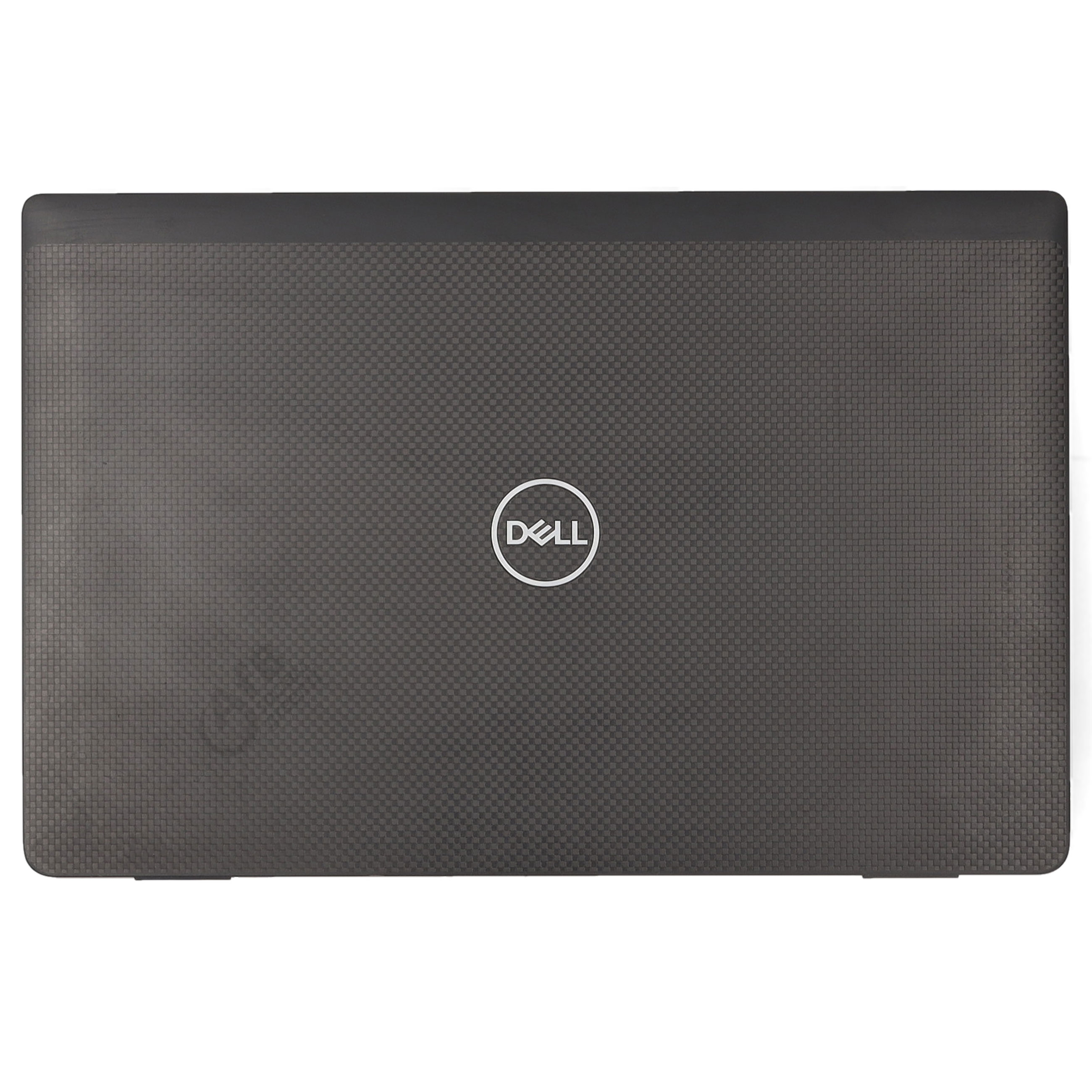 Geschlossener schwarzer Dell-Laptop mit strukturierter Oberfläche und weißem Logo in der Mitte auf weißem Hintergrund.